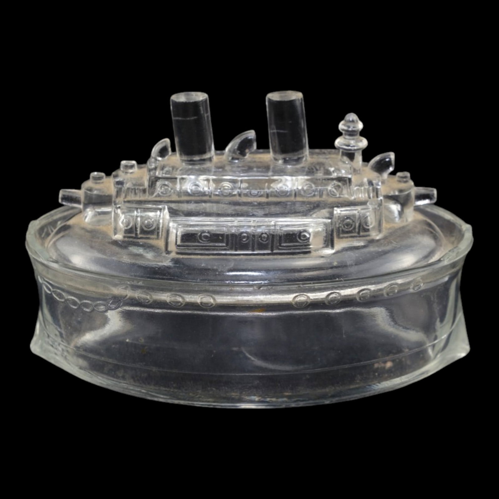 Early 20th Century "Remember The Maine" Ship Clear Glass Lidded Candy Dish (1 of 6)