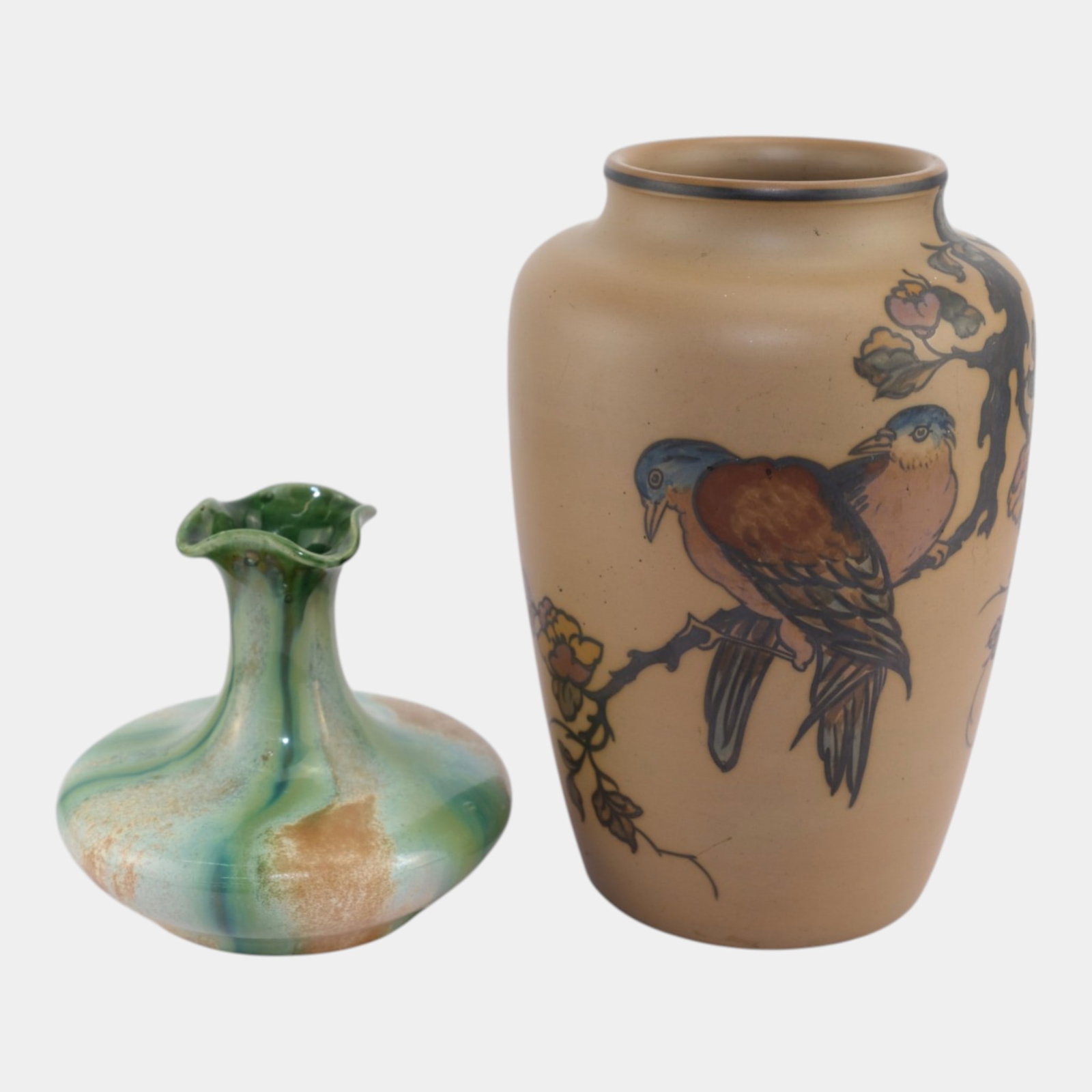 Thulin Belgium Green Drip Glaze Vase & Hjorth Matte Brown Bird Vase (1 of 8)