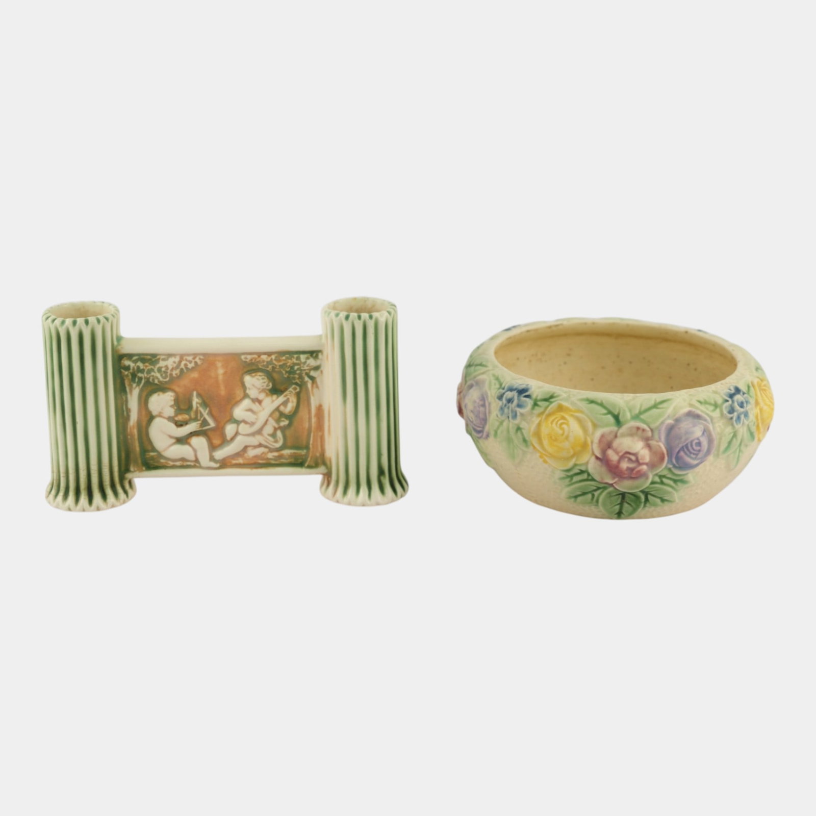 Roseville Rozane Donatello Vintage Art Pottery Ceramic Bowl & Double Bud Vase 8: We offer affordable in-house shipping on all items.For higher resolution images please visit bid.craftedauctions.com Roseville Rozane Donatello Vintage Art Pottery Ceramic Bowl & Double Bud Vase 8 Exc