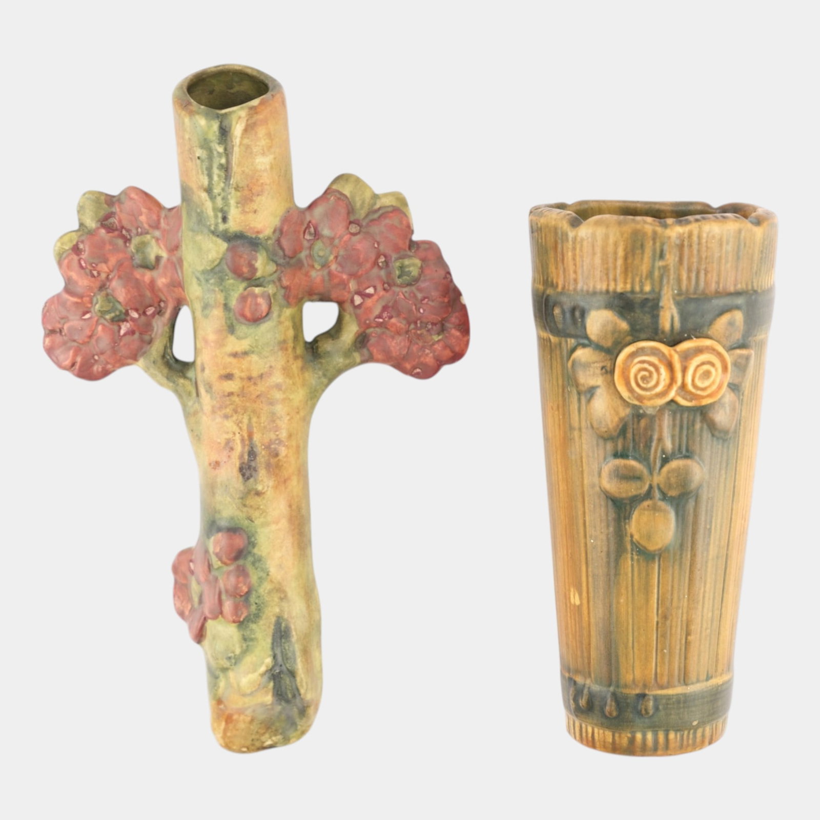 Weller 1920s Arts And Crafts Brown Woodcraft & Woodrose Art Pottery Wall Pockets (1 of 7)