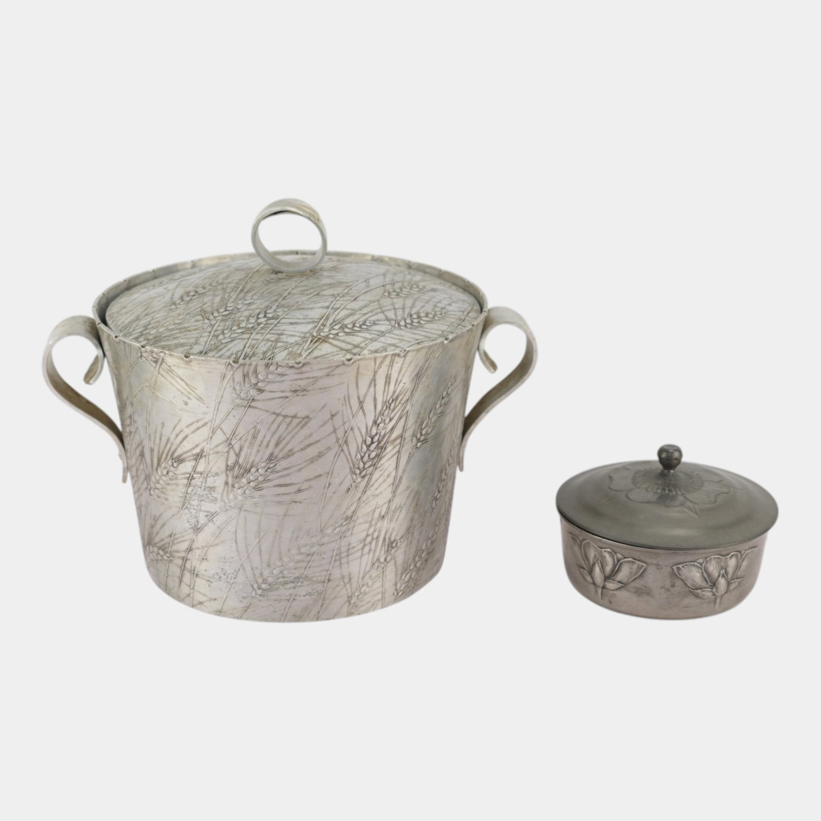 Hammered Aluminum Lidded Wheat Decorated Ice Bucket & Floral Lidded Glass Inserted Trinket Box (1 of 6)