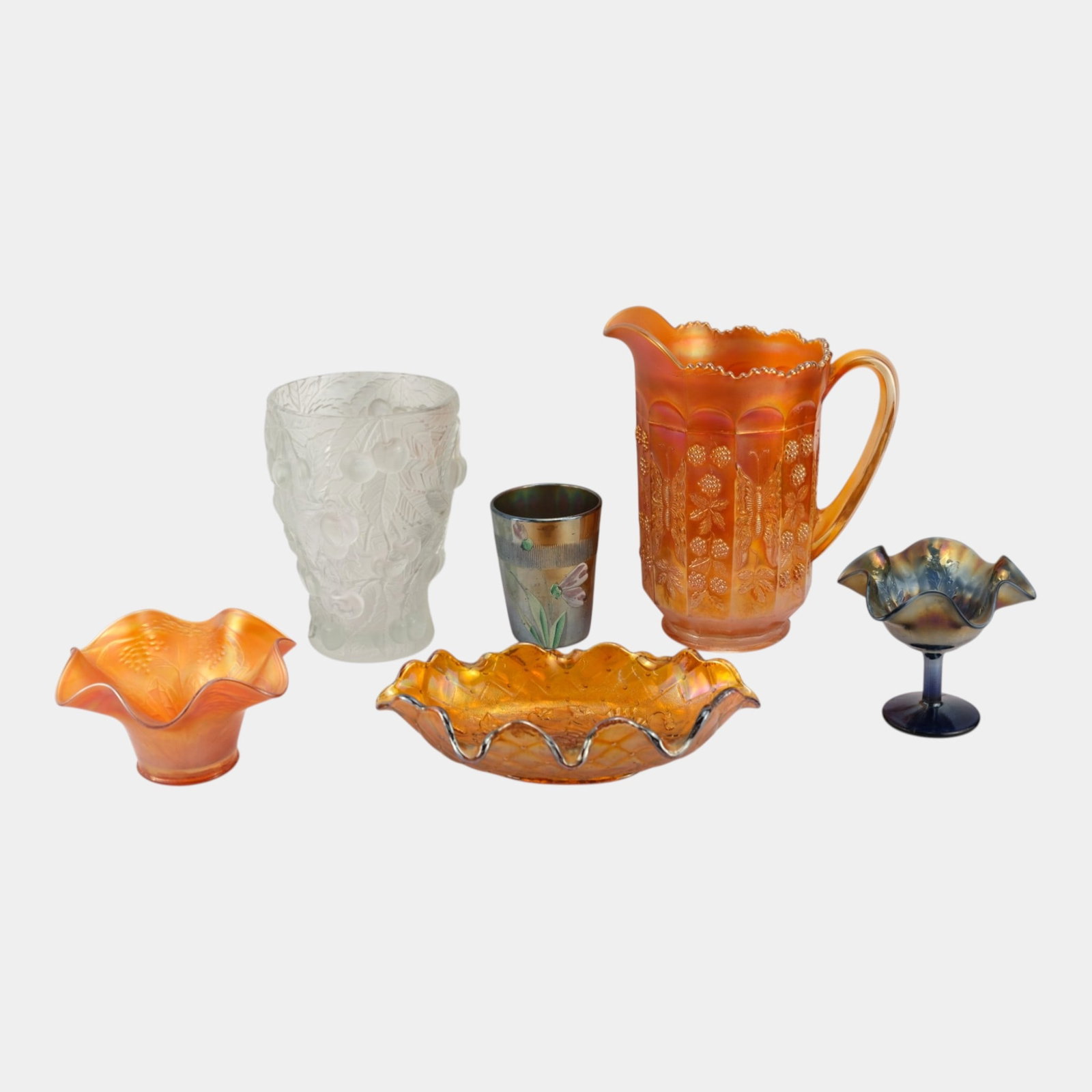 Marigold Cobalt Carnival Glass Orange Pitcher Cherry Vase Cup Ruffle Vase Bowls (1 of 4)