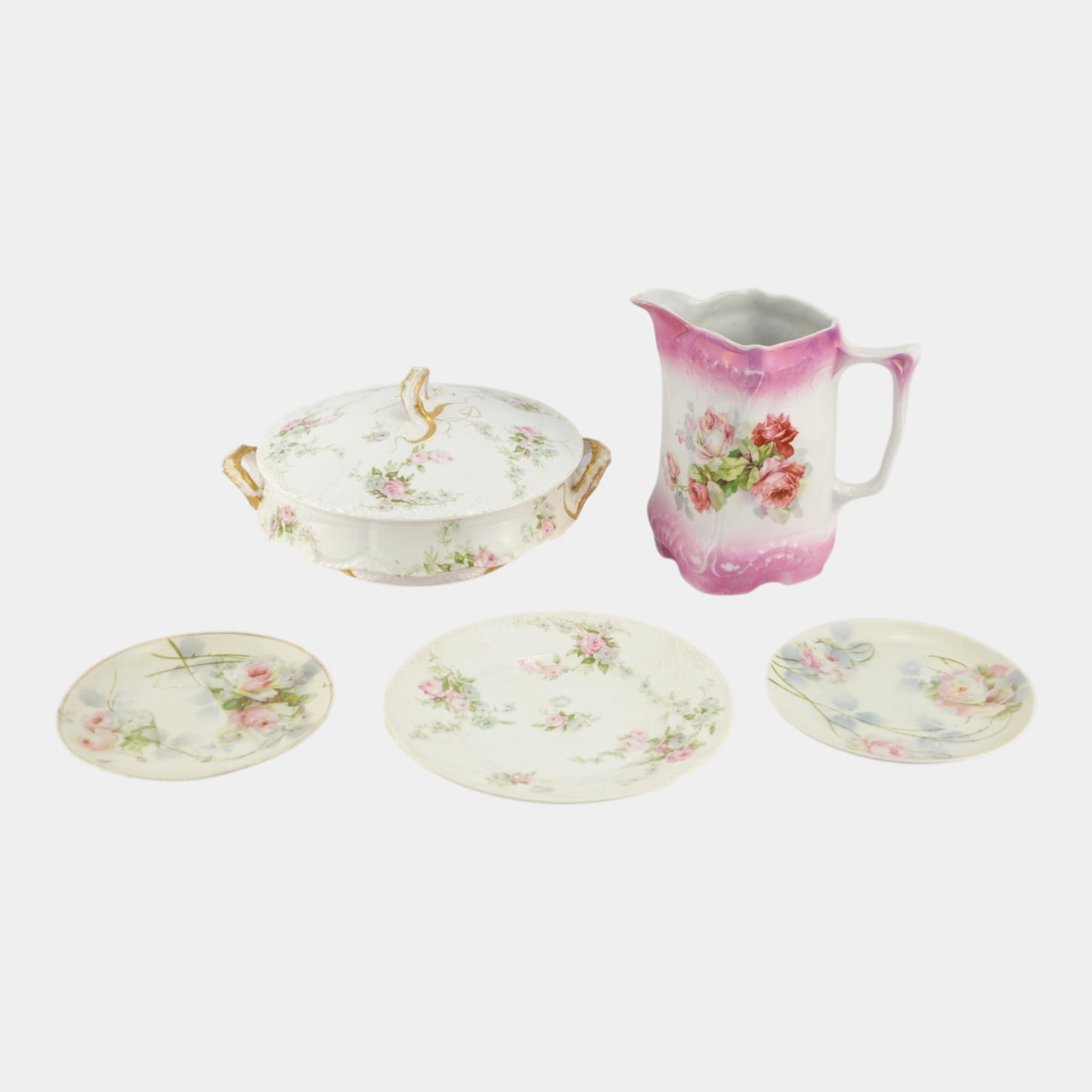 European & French Limoges Pink Floral Porcelain Plates Pitcher Lidded Serving Dish (1 of 6)