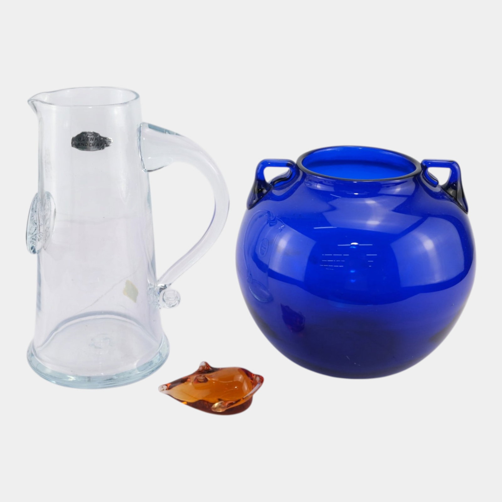 Blenko Handcrafted Glass Pitcher, Viking Glass Orange Mouse, & Blue Glass Handled Vase (1 of 6)