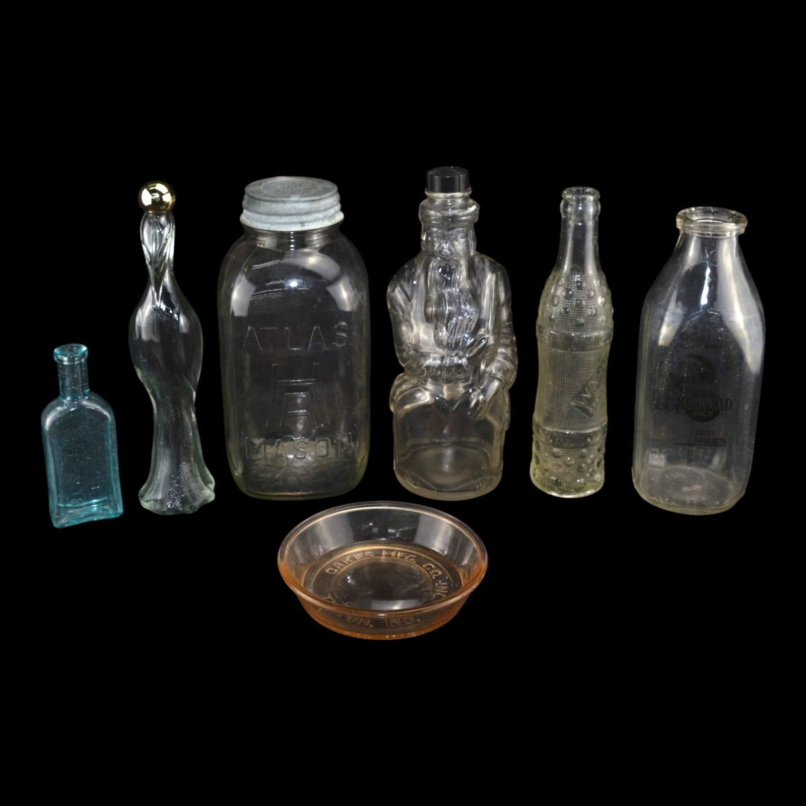 Early 19th Century Blue Glass Figural Bottles & Atlas Mason Jars With Pink Glass Bowl (1 of 7)