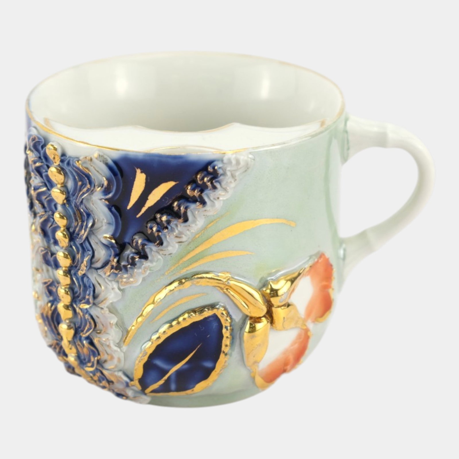 Late 19th Century German Green Blue Floral Porcelain Moustache Mug (1 of 6)