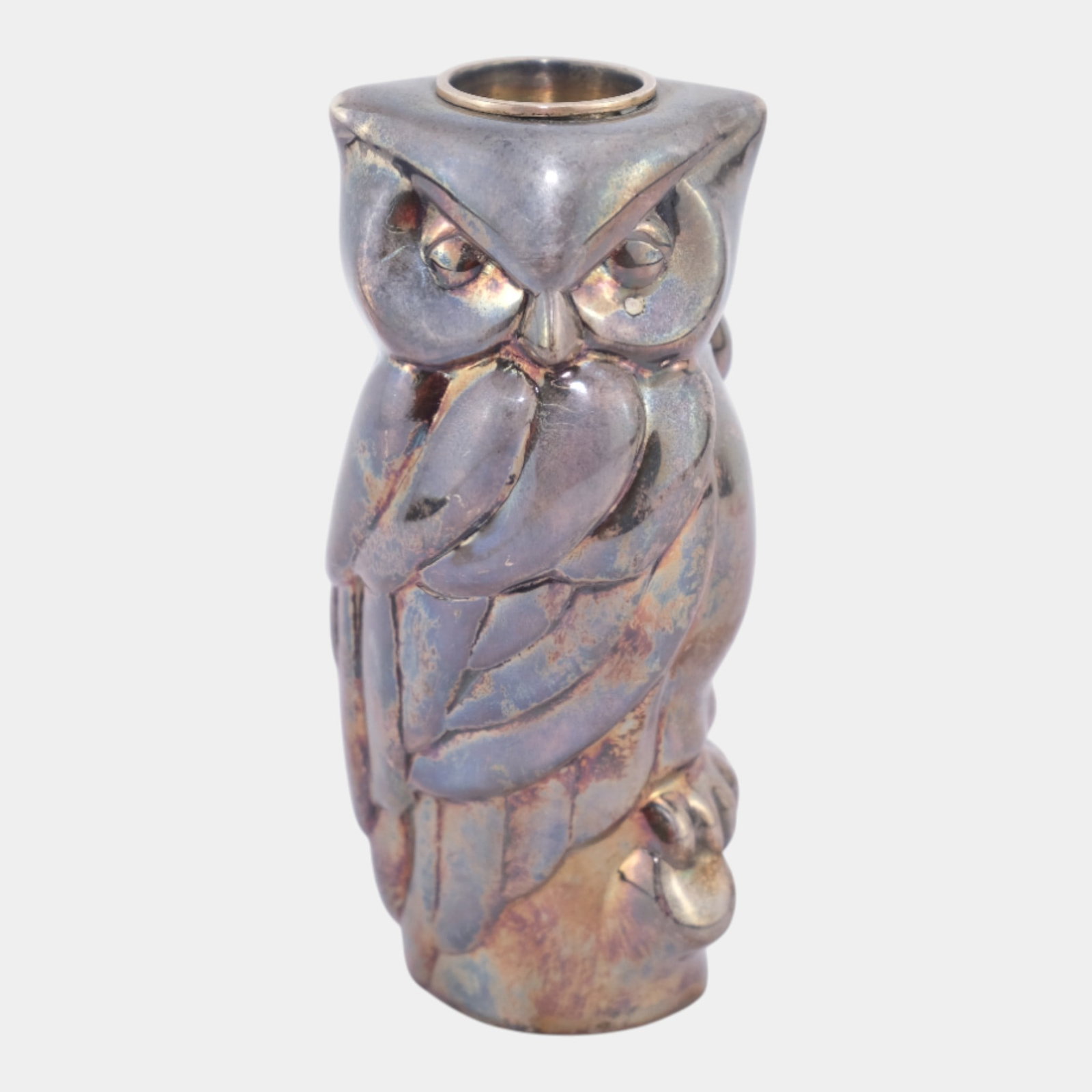 Mid Century Figural Owl Candle Holder Patinated Surface Marked Tiffany & Co Sterling Silver 925: We offer affordable in-house shipping on all items.For higher resolution images please visit bid.craftedauctions.com Mid Century Figural Owl Candle Holder Patinated Surface Marked Tiffany & Co Sterlin