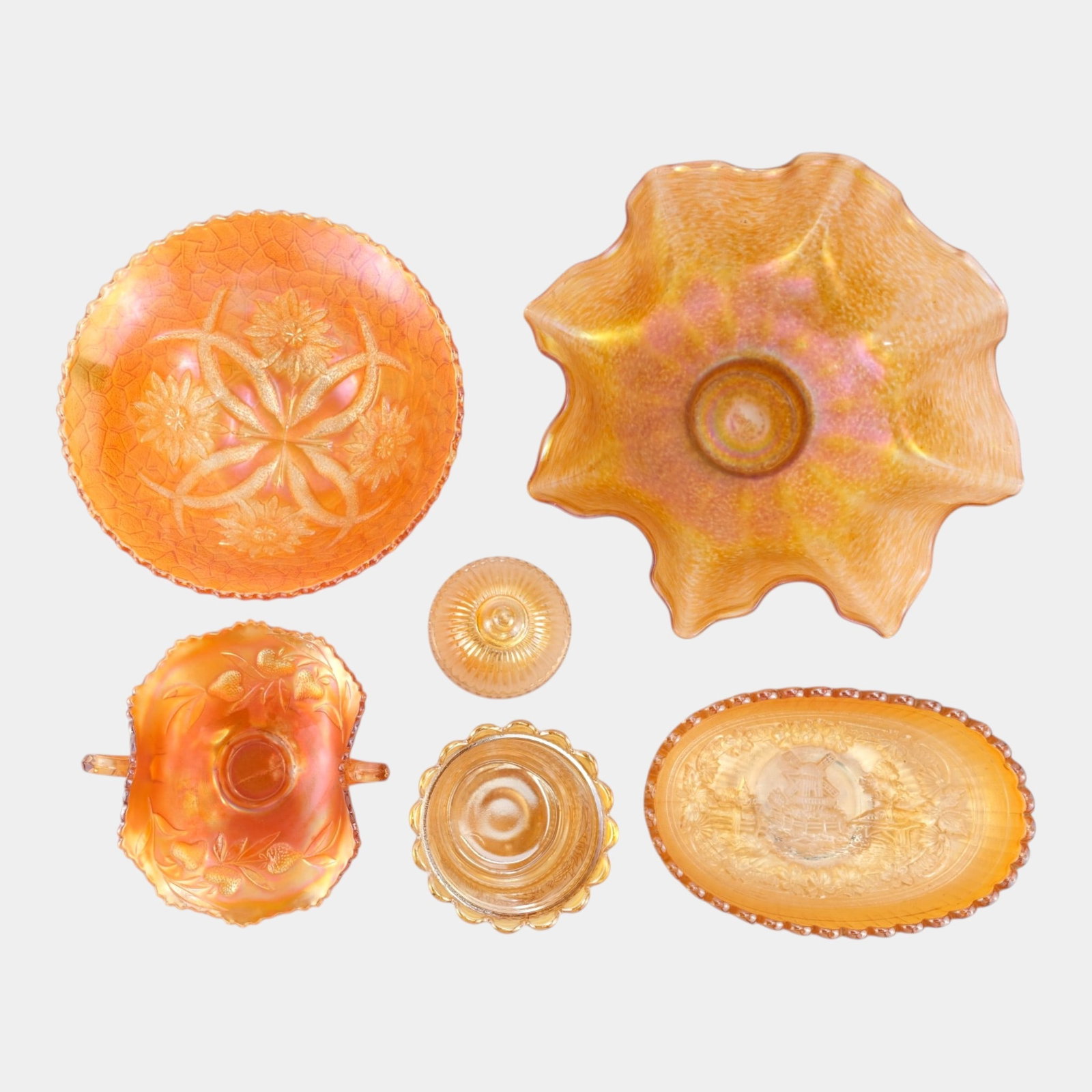 Dugan Stork & Rushes, Fenton Strawberry Bonbon, Imperial Windmill, And Four Flowers Marigold (1 of 5)