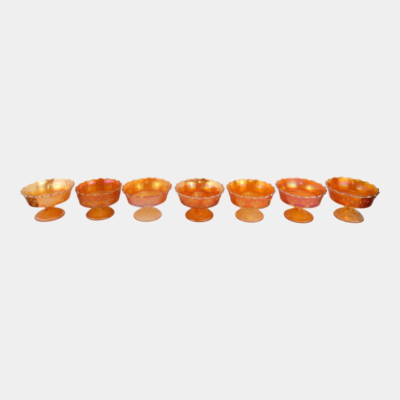 Fenton Orange Tree Pattern Iridescent Marigold Carnival Glass Set Of Seven Sherbet Bowls (1 of 5)