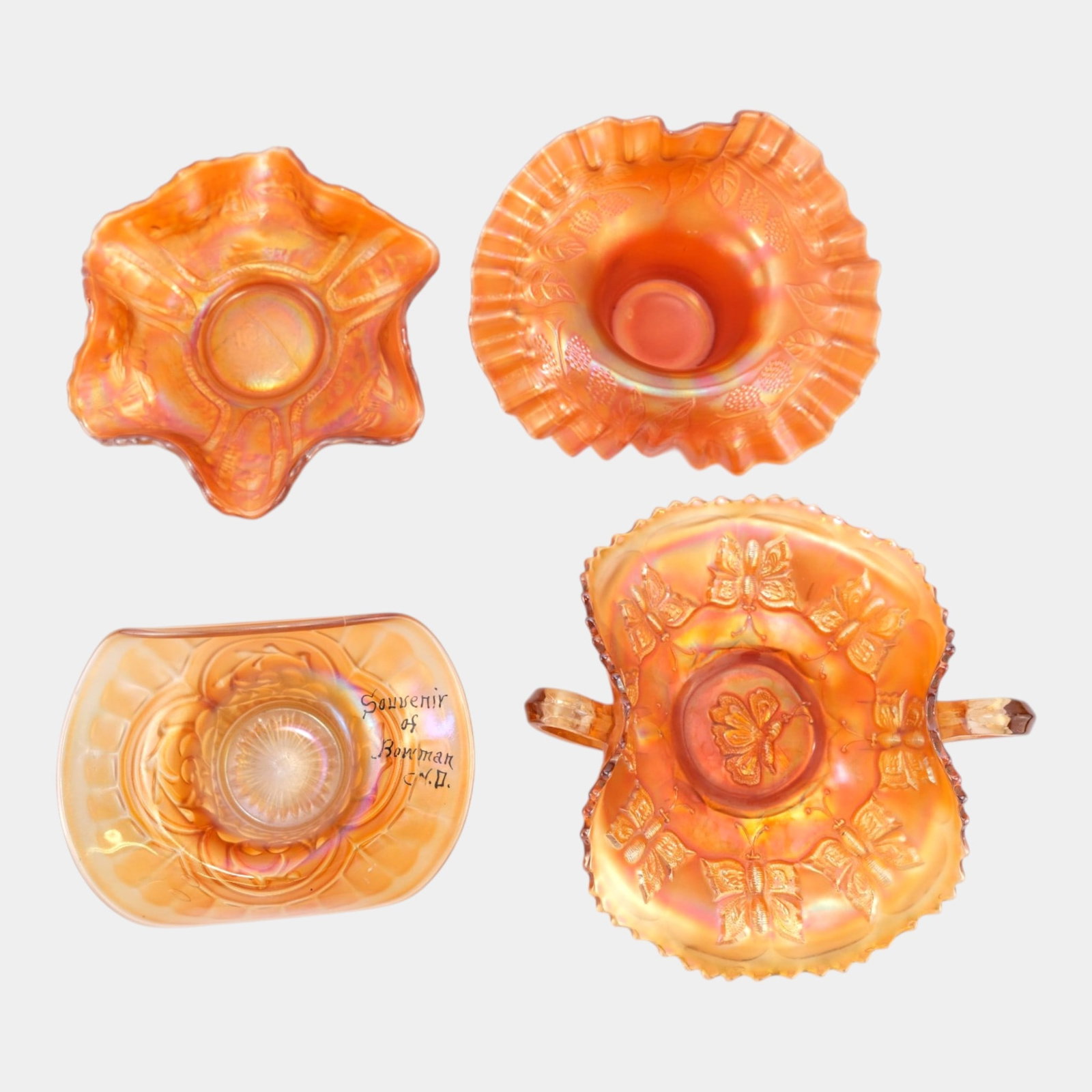 Dugan Circle Scroll, Fenton Butterfly, & Other Iridescent Marigold Carnival Glass Bowls (1 of 5)