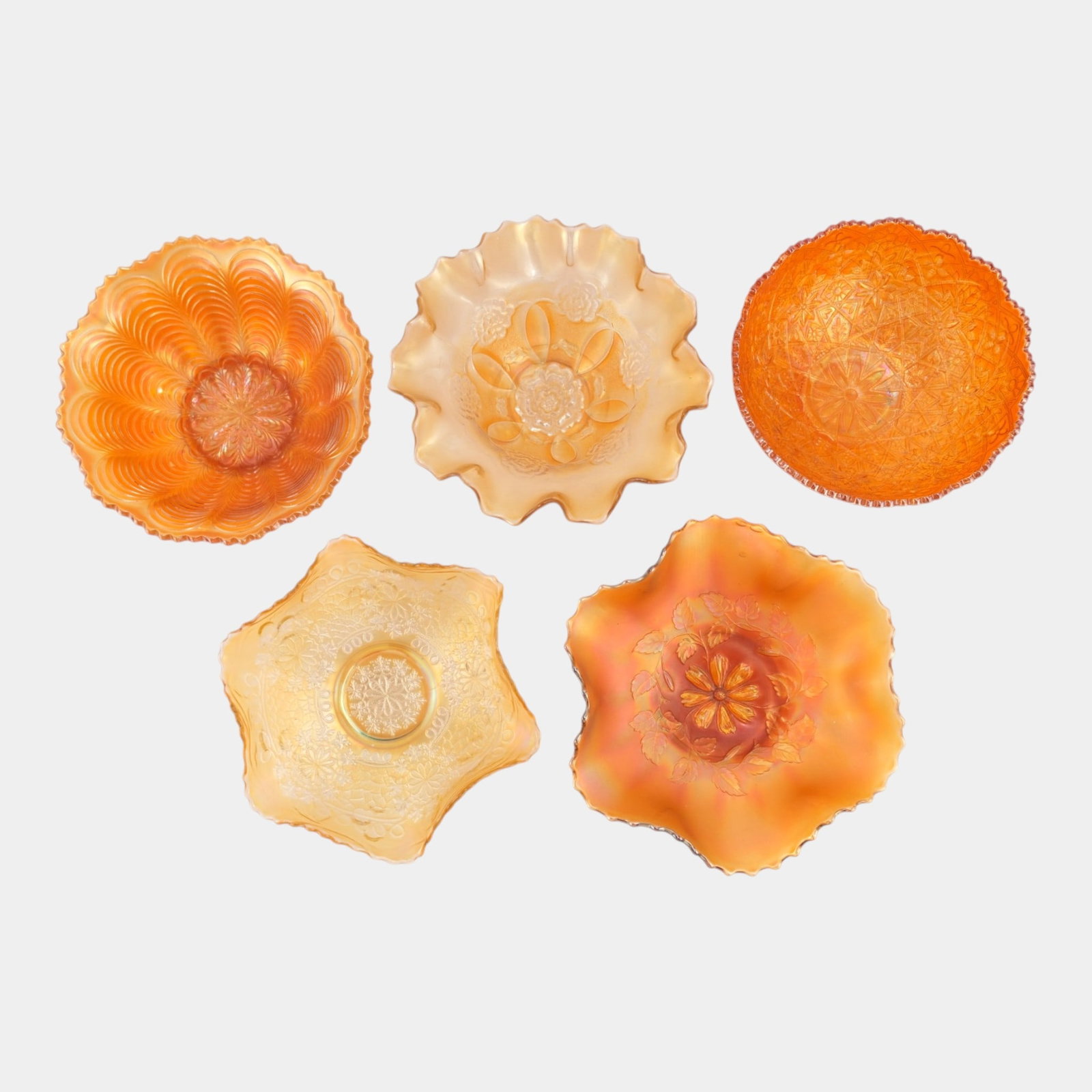 Fenton Peacock Tail, Dugan Cosmos, Fenton Leaf Chain, & Double Stem Rose Hattie Marigold Carnival (1 of 4)