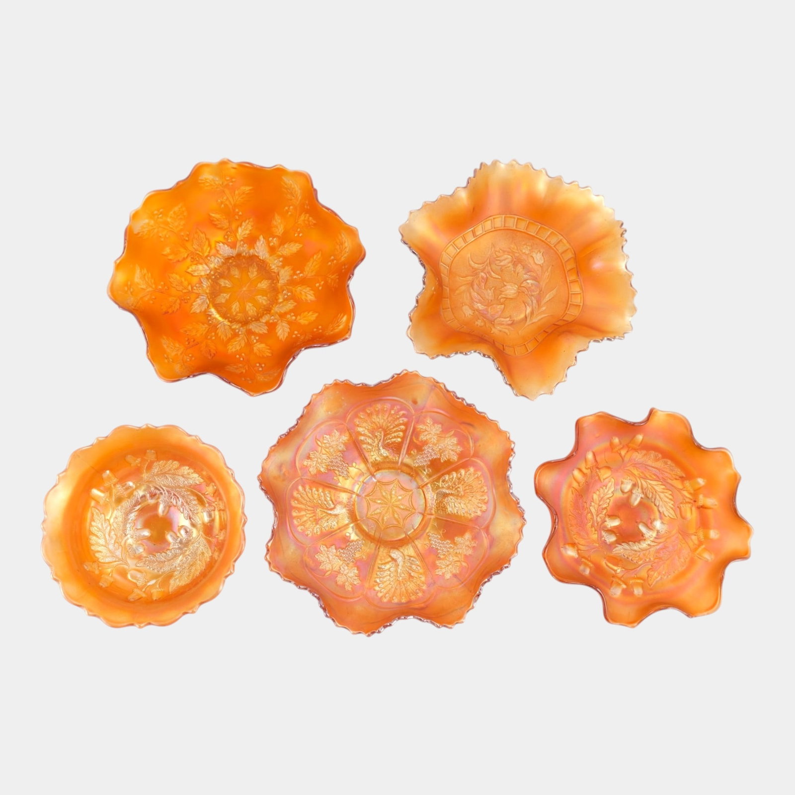 Fenton, Dugan, & Other Peacock Acorn Leaf And Berry Iridescent Marigold Glass Bowls (1 of 4)