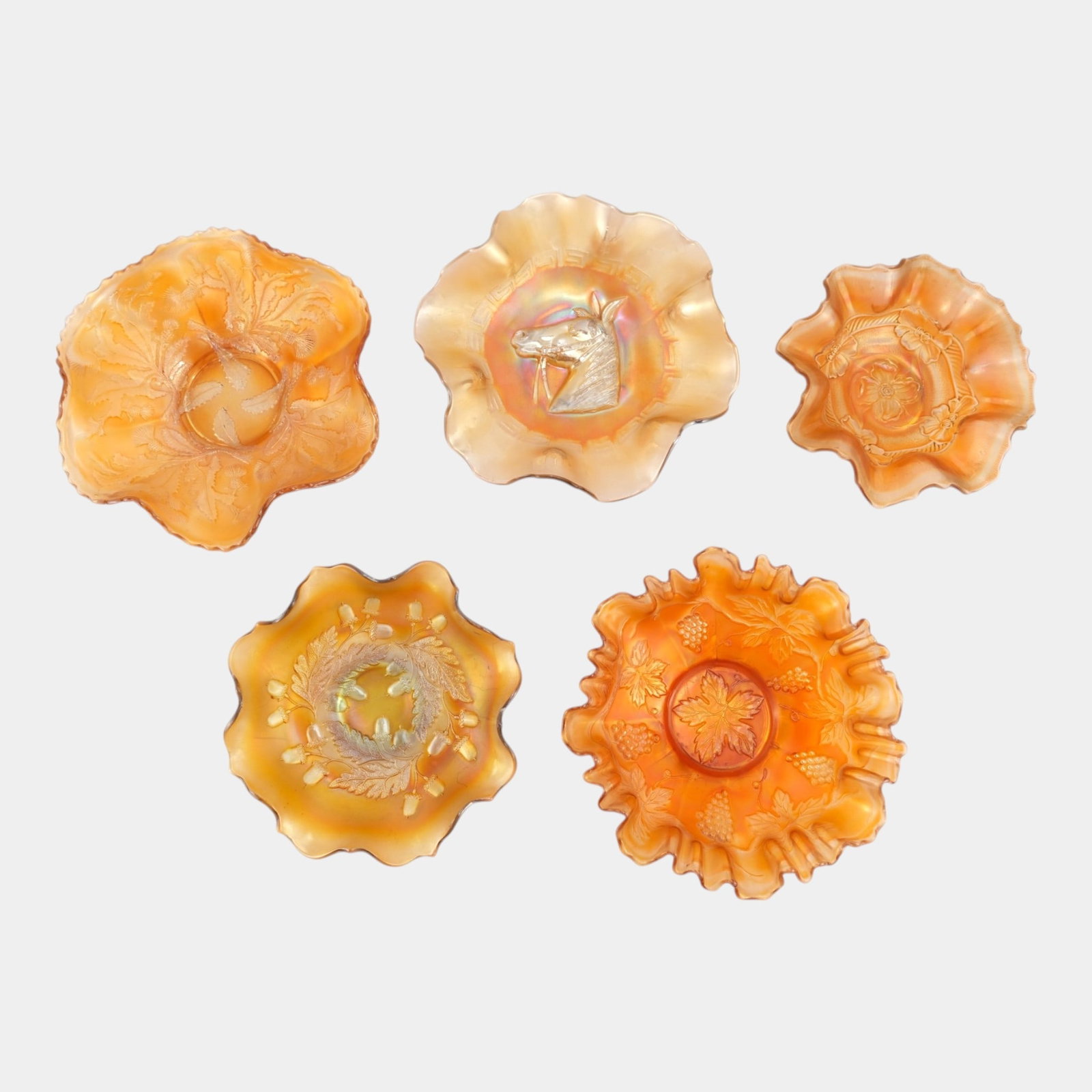 Fenton Acorn, Dugan Pony, Dugan Apple Blossom, & Other Iridescent Marigold Carnival Glass Bowls (1 of 5)