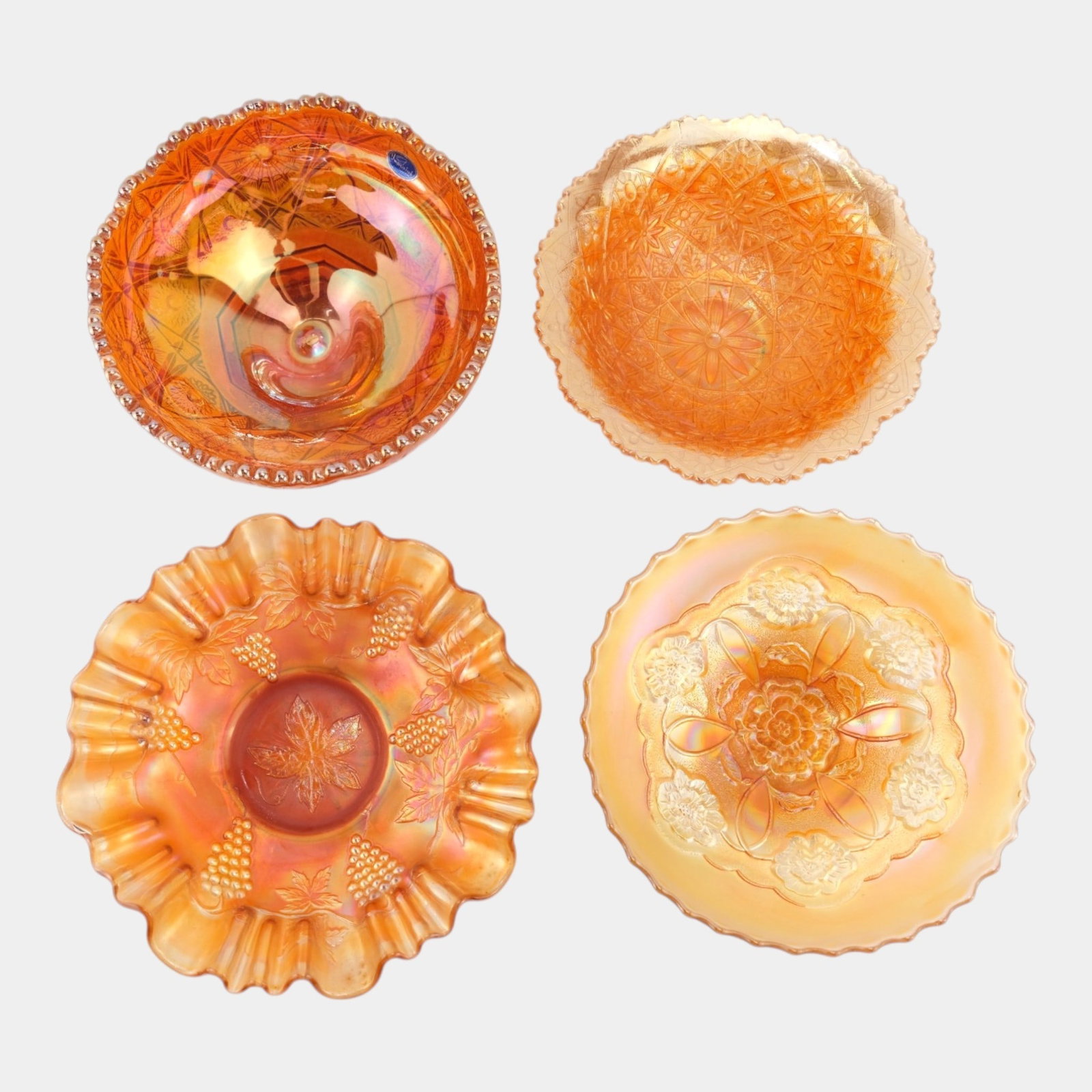 Millersburg Grape, Dugan Double Stemmed Rose, & Other Iridescent Marigold Carnival Glass Bowls (1 of 5)