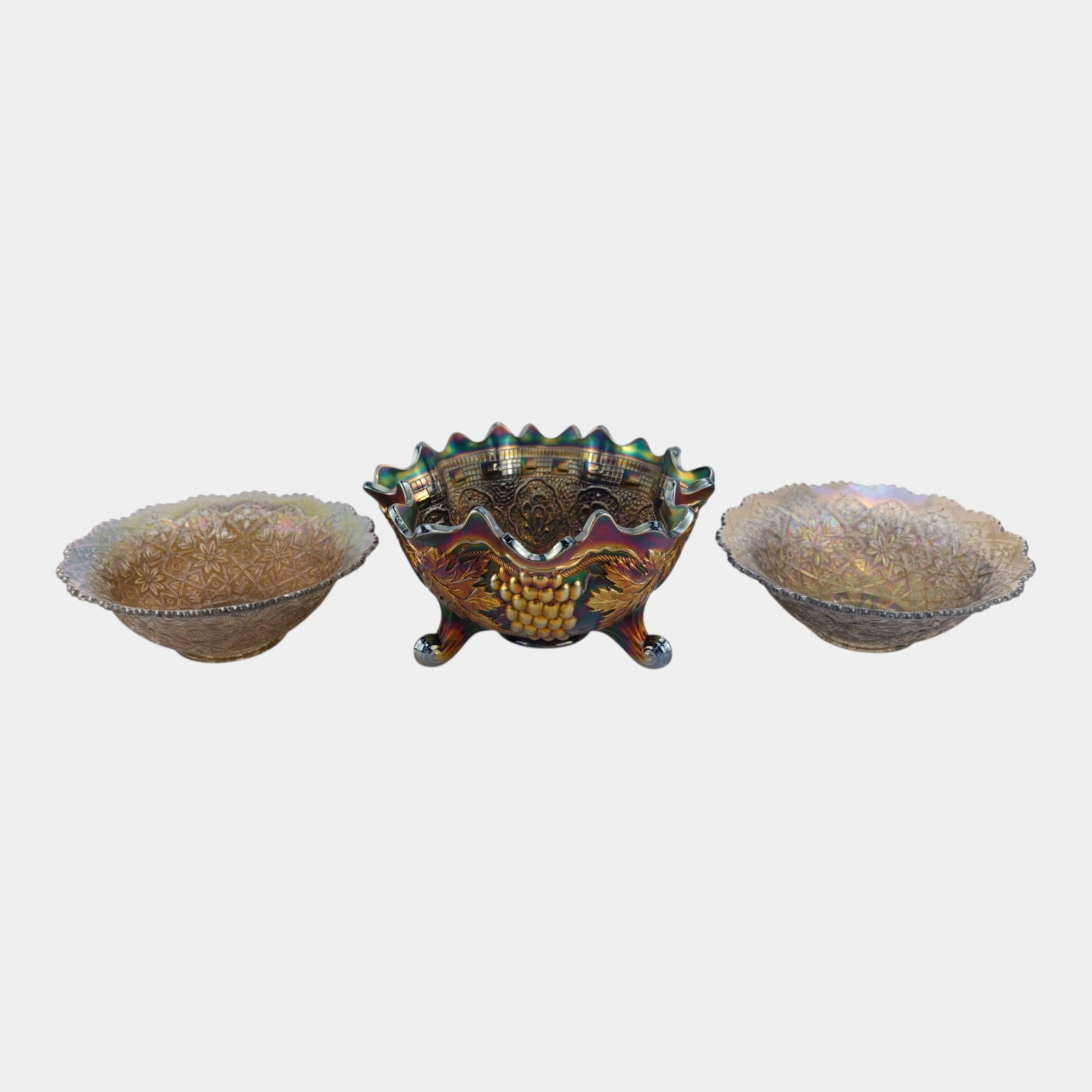 Fenton Grape & Cable Persian Medallion And Imperial Hattie Iridescent Carnival Glass Bowls: We offer affordable in-house shipping on all items.For higher resolution images please visit bid.craftedauctions.com Fenton Grape & Cable Persian Medallion And Imperial Hattie Iridescent Carnival Glas