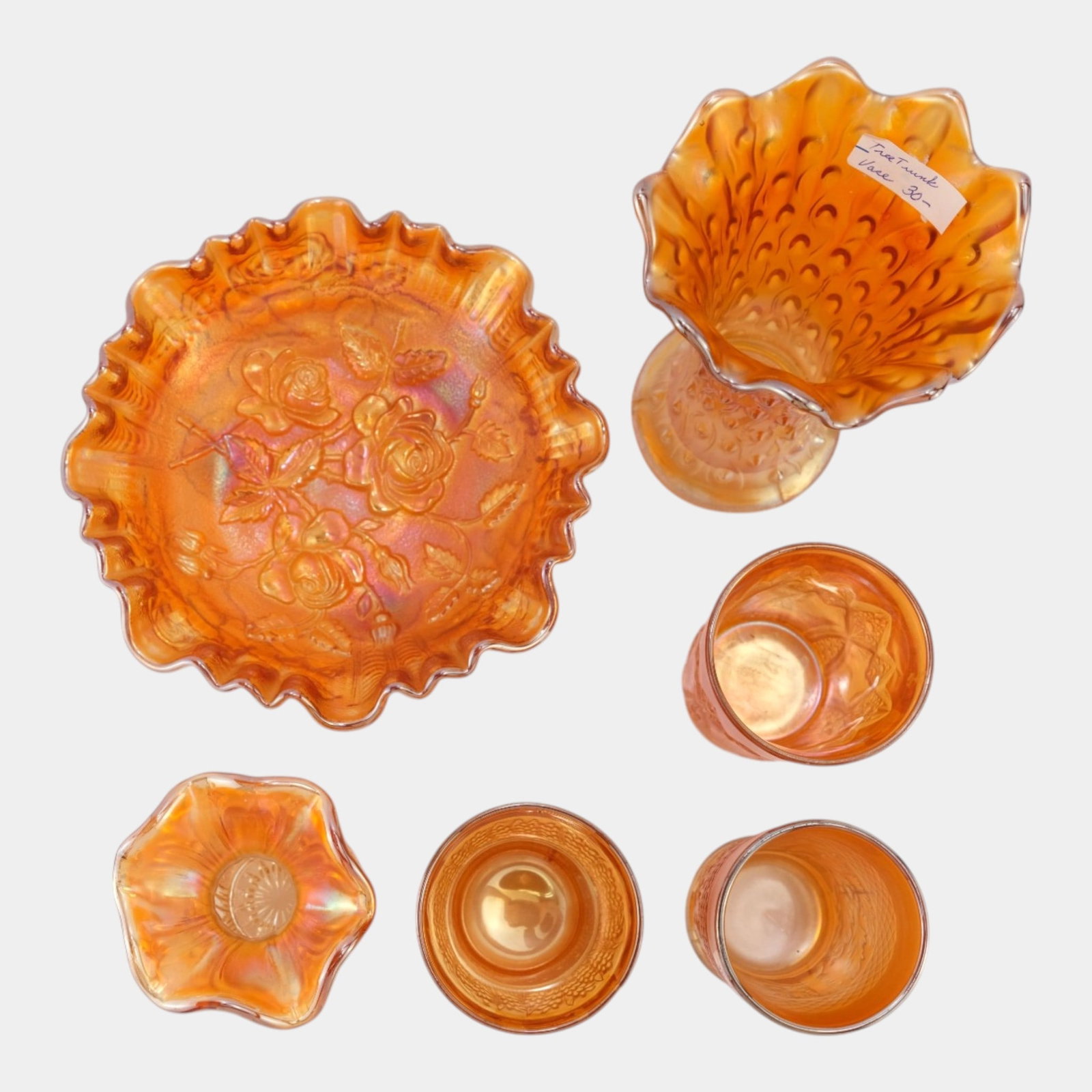 Imperial Open Rose, Northwood, Imperial Rococo, & Other Iridescent Marigold Carnival Glass Vases: We offer affordable in-house shipping on all items.For higher resolution images please visit bid.craftedauctions.com Imperial Open Rose, Northwood, Imperial Rococo, & Other Iridescent Marigold Carniva