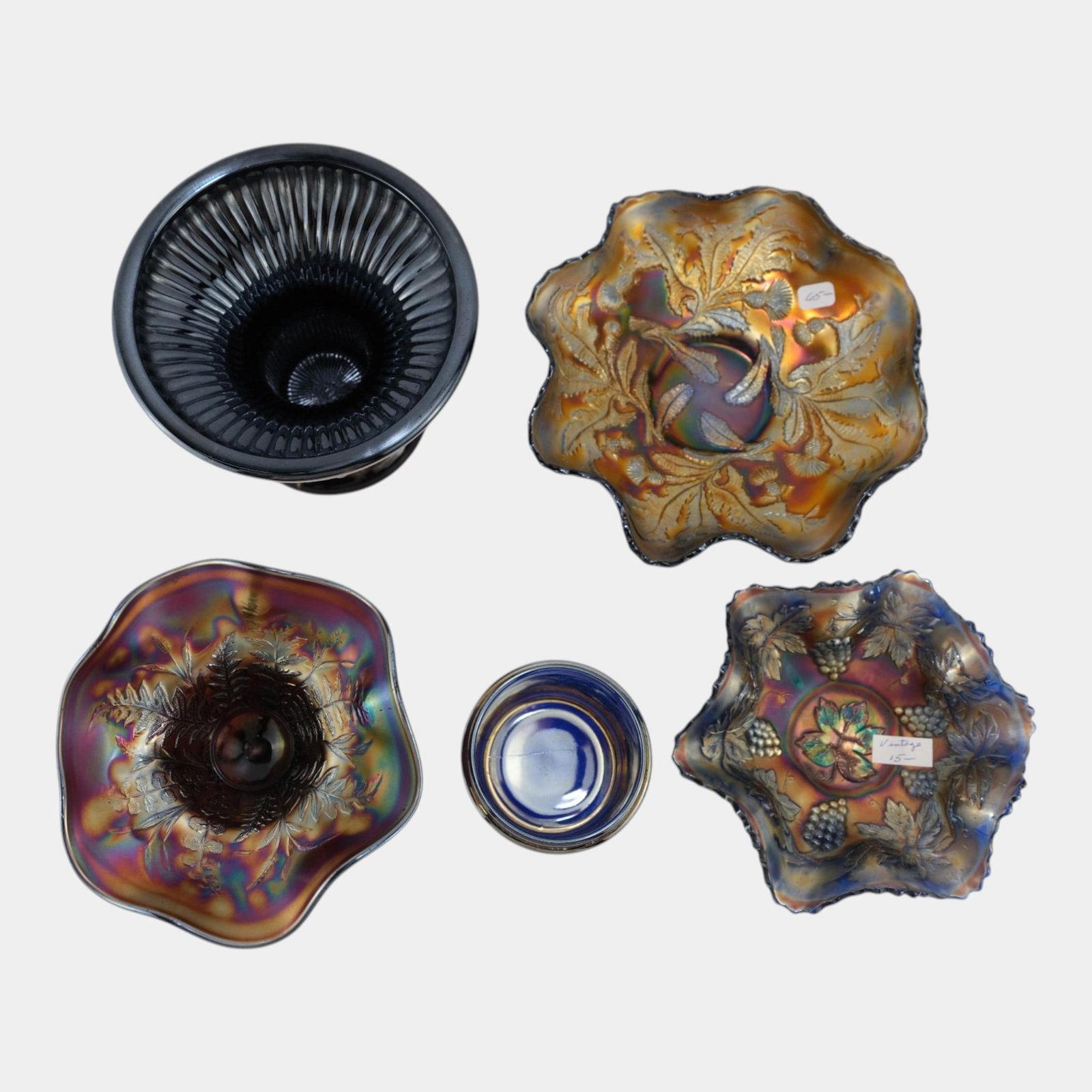 Fenton Grape Leaf, Fenton Thistle, Fenton Orange Tree Iridescent Cobalt Blue Carnival Glass Bowls (1 of 5)