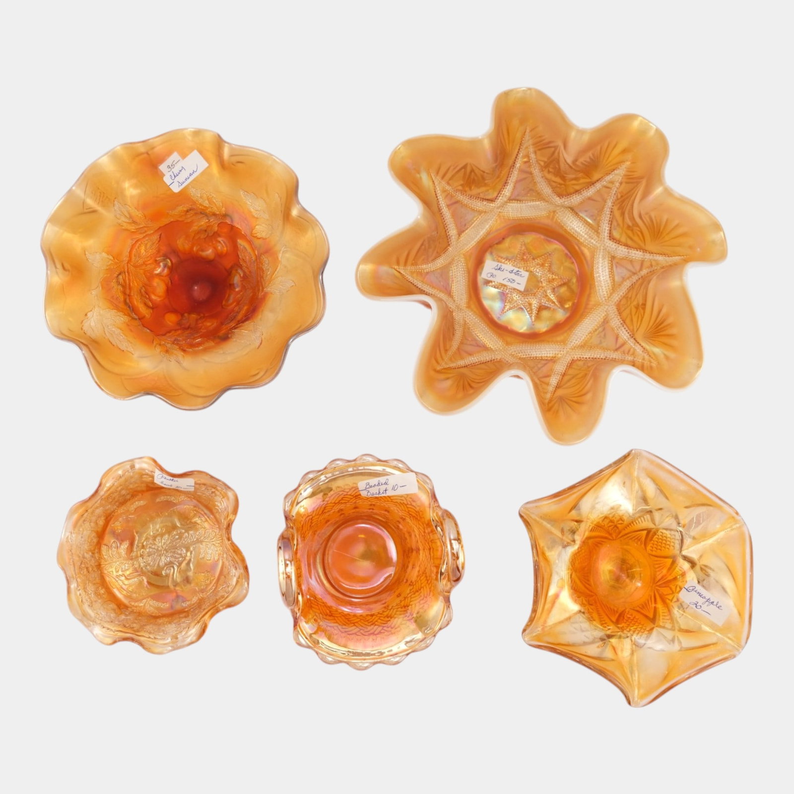 Dugan Ski Star, Sowerby Pineapple, Fenton Panther, & More Iridescent Marigold Carnival Glass Glass (1 of 6)