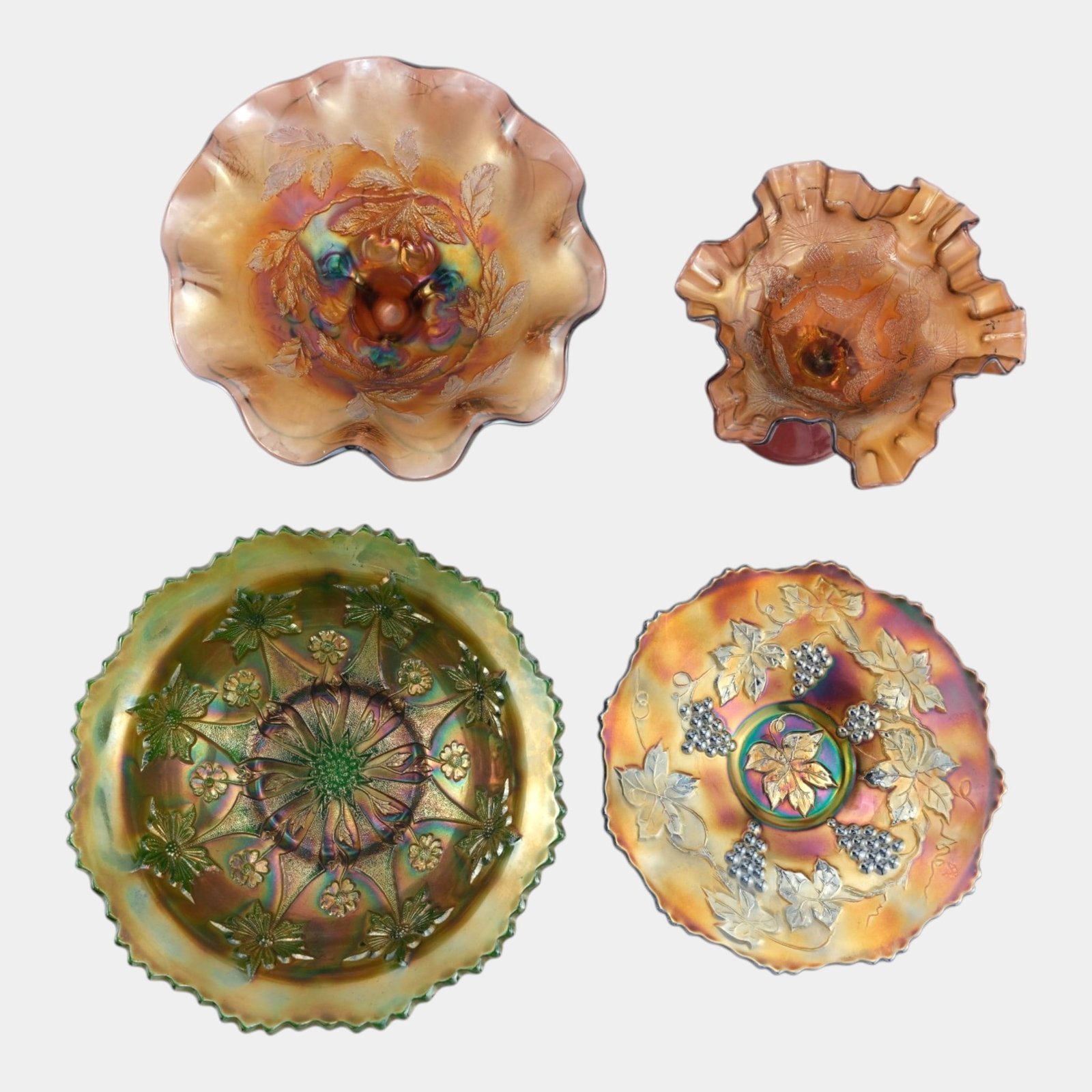 Fenton Little Flowers, Fenton Grapes & Leaves, & Other Iridescent Carnival Glass Bowls Plate Goblet (1 of 4)