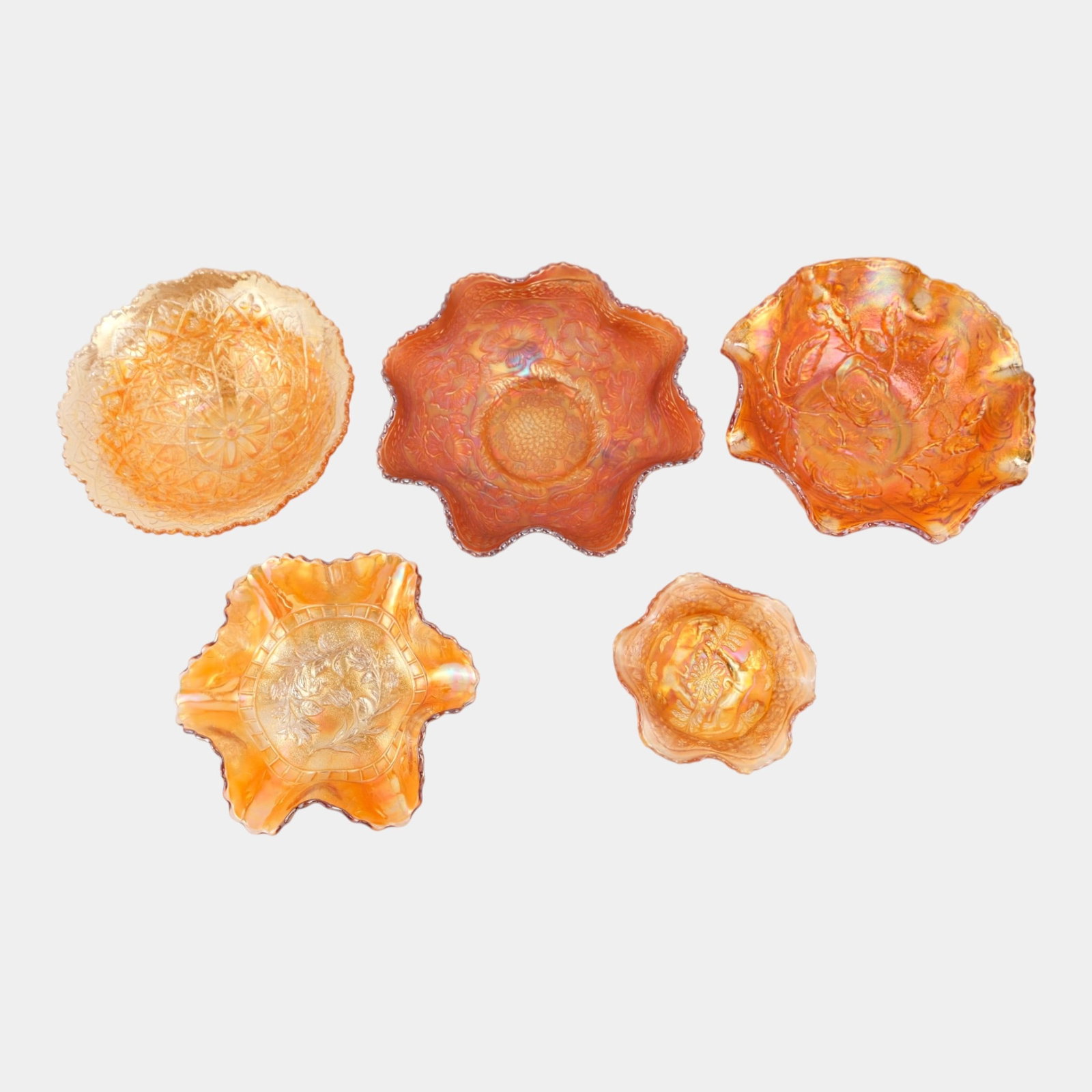 Fenton Panther, Dugan Wildflower, Imperial Open Rose, & Other Iridescent Marigold Glass Bowls (1 of 5)