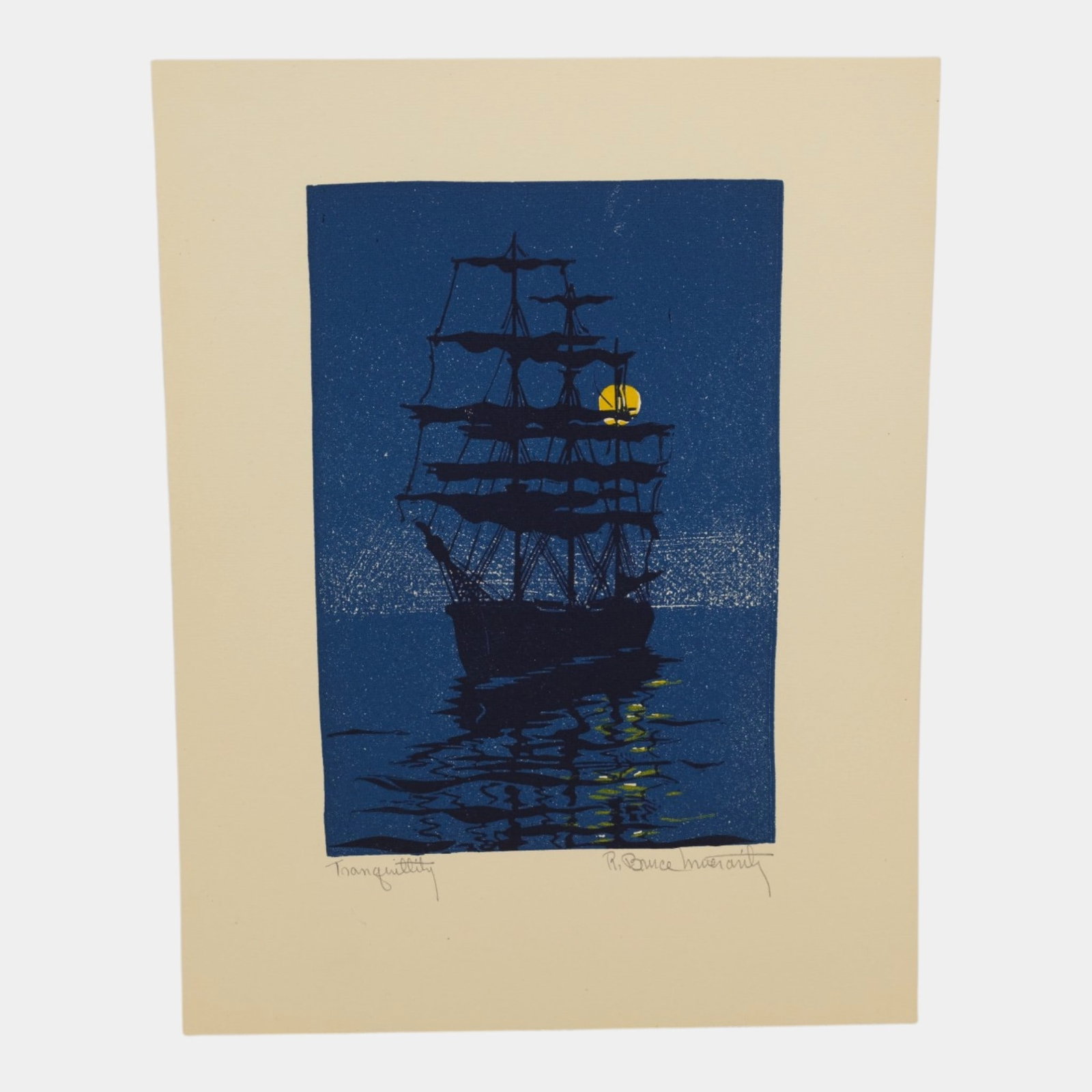 Robert Bruce (Canadian, 1911-1980) "Tranquility" Inverarity Arts & Crafts Black Blue Loose Woodblock: We offer affordable in-house shipping on all items.For higher resolution images please visit bid.craftedauctions.com Robert Bruce (Canadian, 1911-1980) "Tranquility" Inverarity Arts & Crafts Black Blu