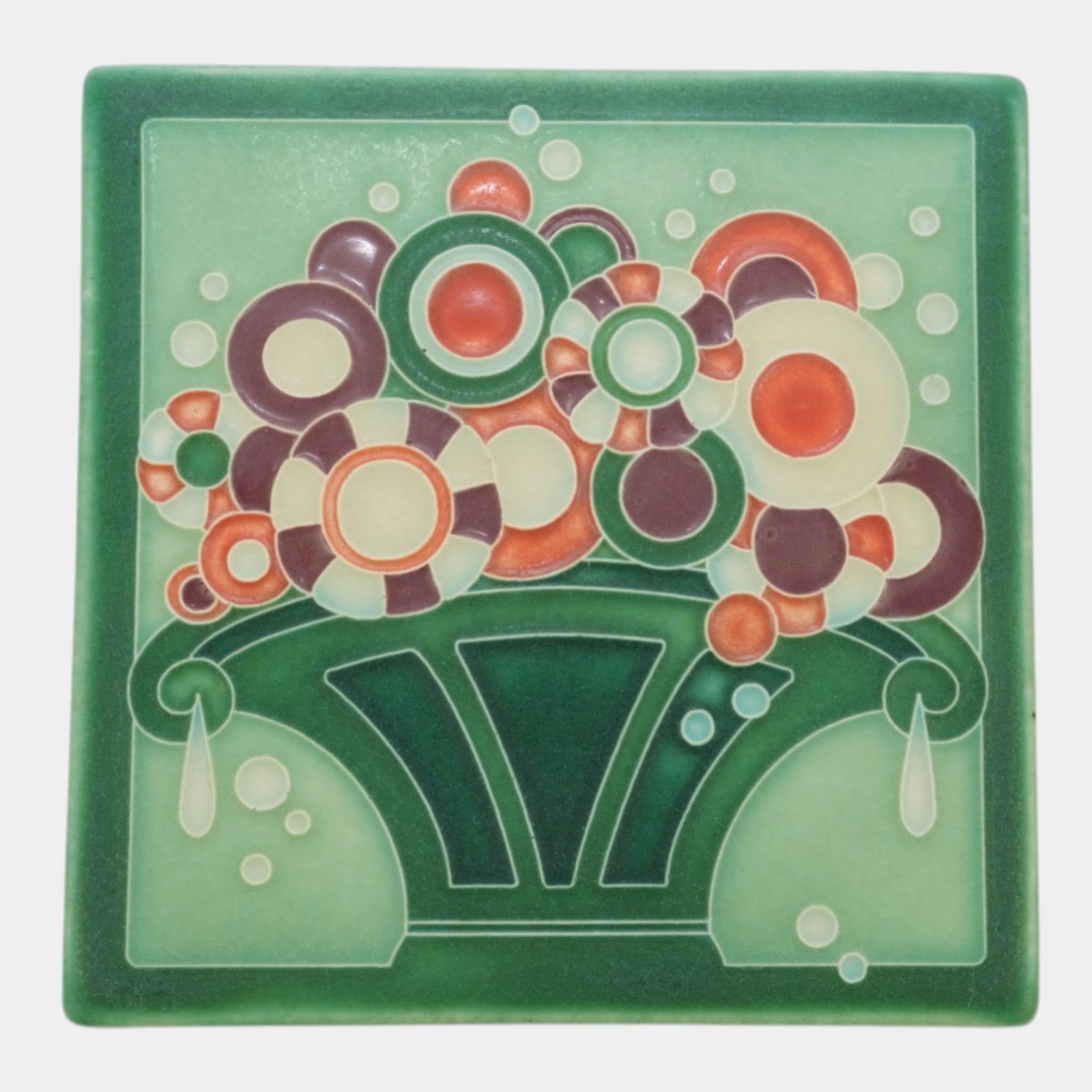 Motawi Tileworks Art Pottery "Button Basket" Green Red Floral Basket Motif Tile (1 of 4)