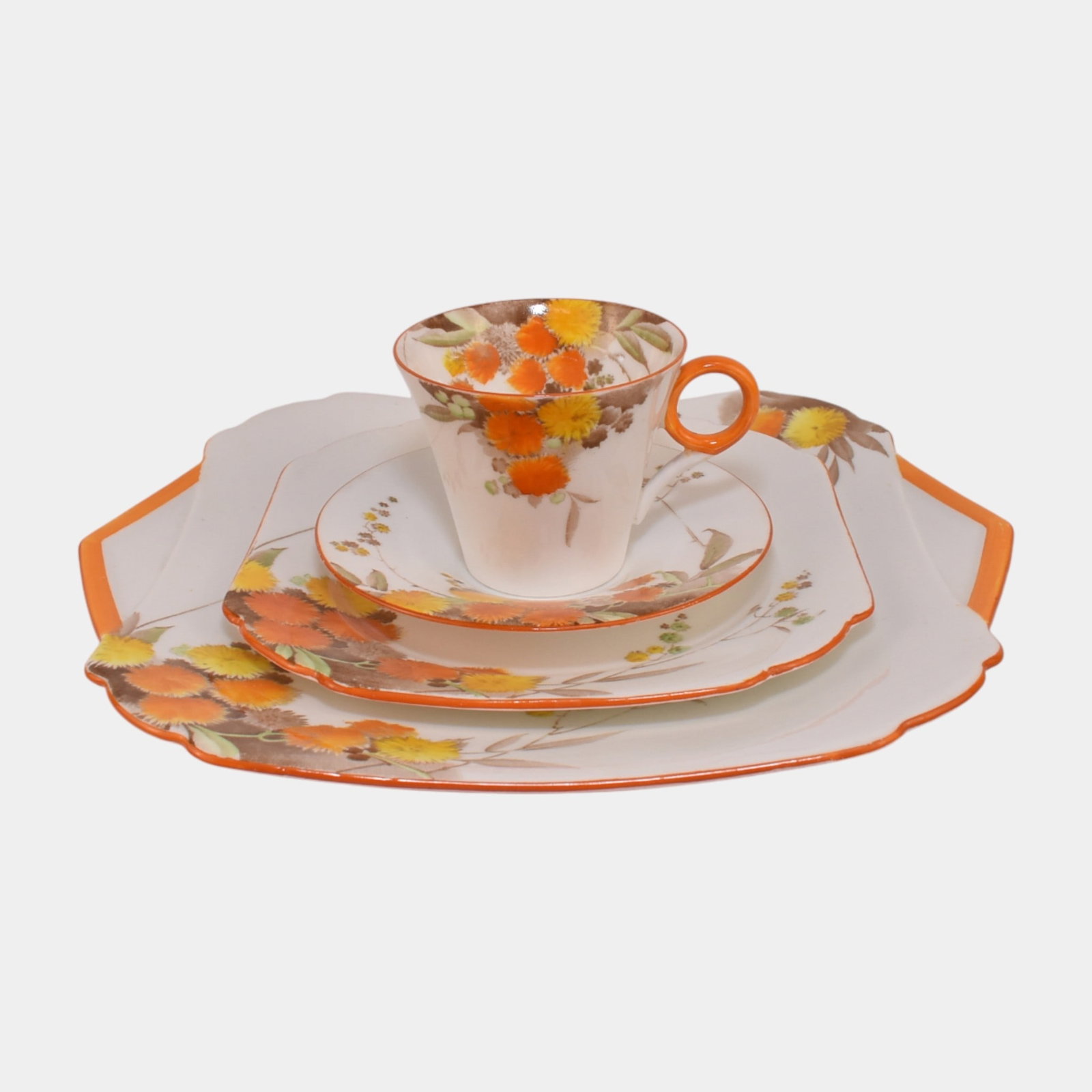 Shelley Regent Orange Acacia English Vintage Bone China Teacup Saucer And Plates: We offer affordable in-house shipping on all items.For higher resolution images please visit bid.craftedauctions.com Shelley Regent Orange Acacia English Vintage Bone China Teacup Saucer And Plates Wa
