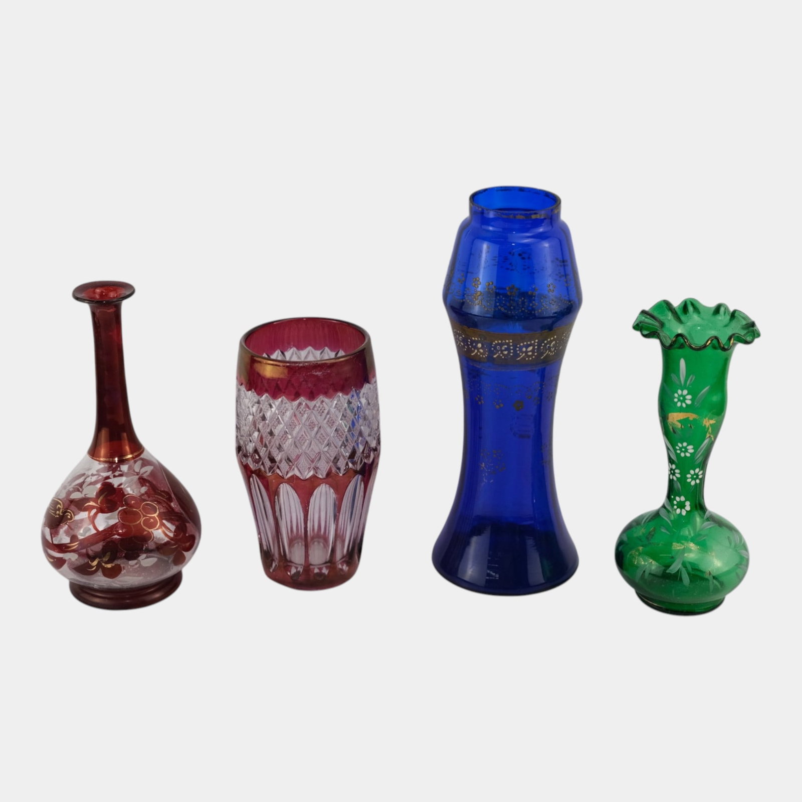 Bohemian Enamel Decorated Art Glass Vases And Westmoreland Ruby Flashed Wakefield Tumbler (1 of 3)