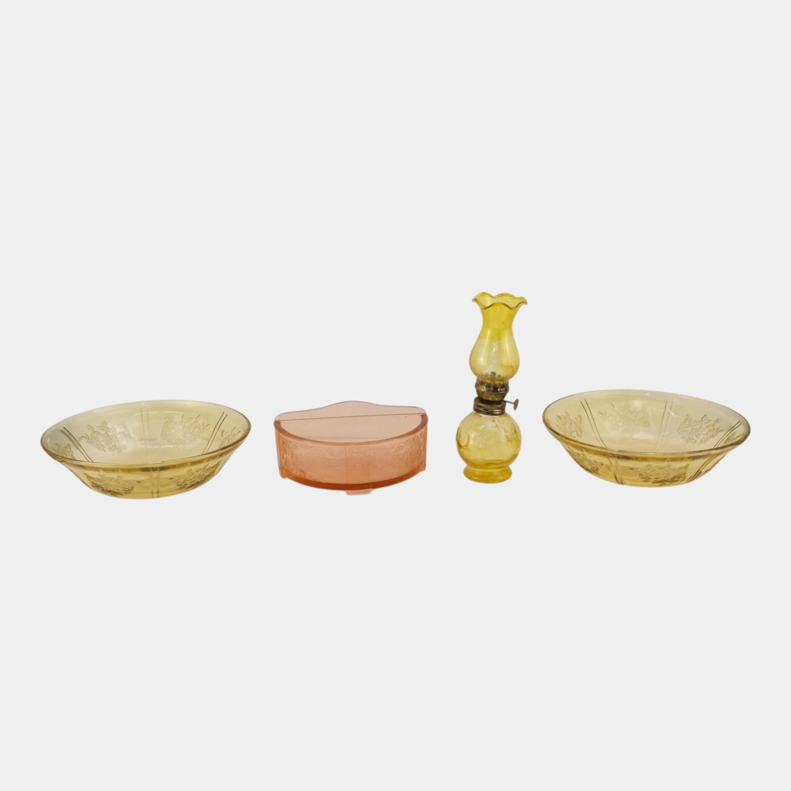 Federal Glass Co. 1935 Sharon Yellow Depression Glass Bowls, Tiffin Eve Dresser Box, & Mini Lamp (1 of 5)