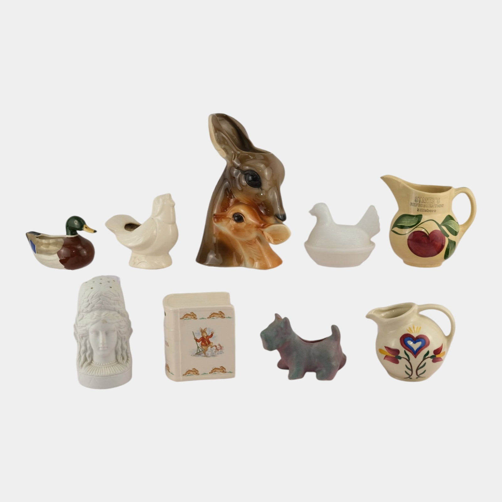 Watts Pottery Stanek's Advertising Pitcher And Other Art Pottery Novelty Planters, Shaker, & (1 of 4)