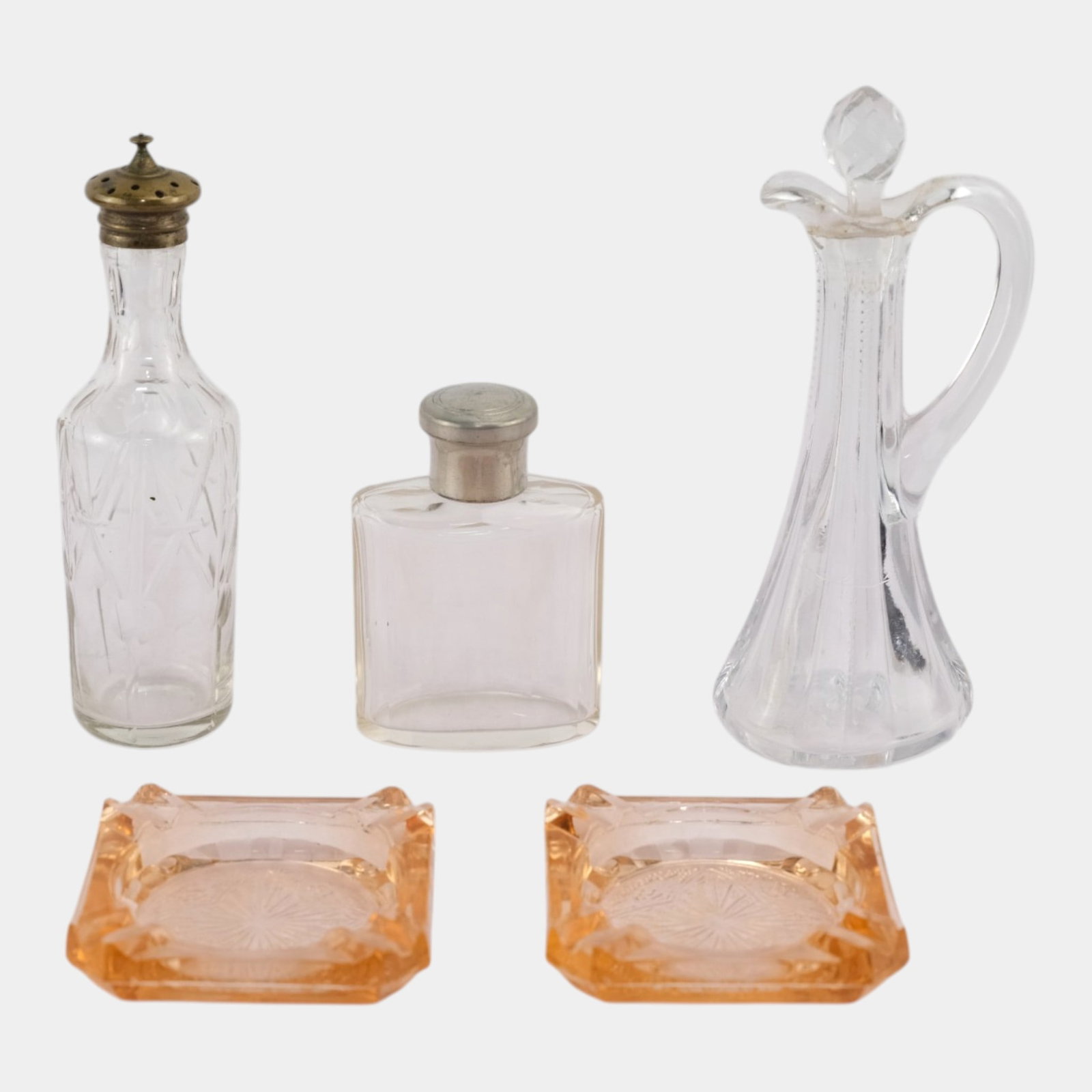 20th Century Clear And Pink Glass Ashtrays, Cruet, Shaker, And Capped Bottle (1 of 3)