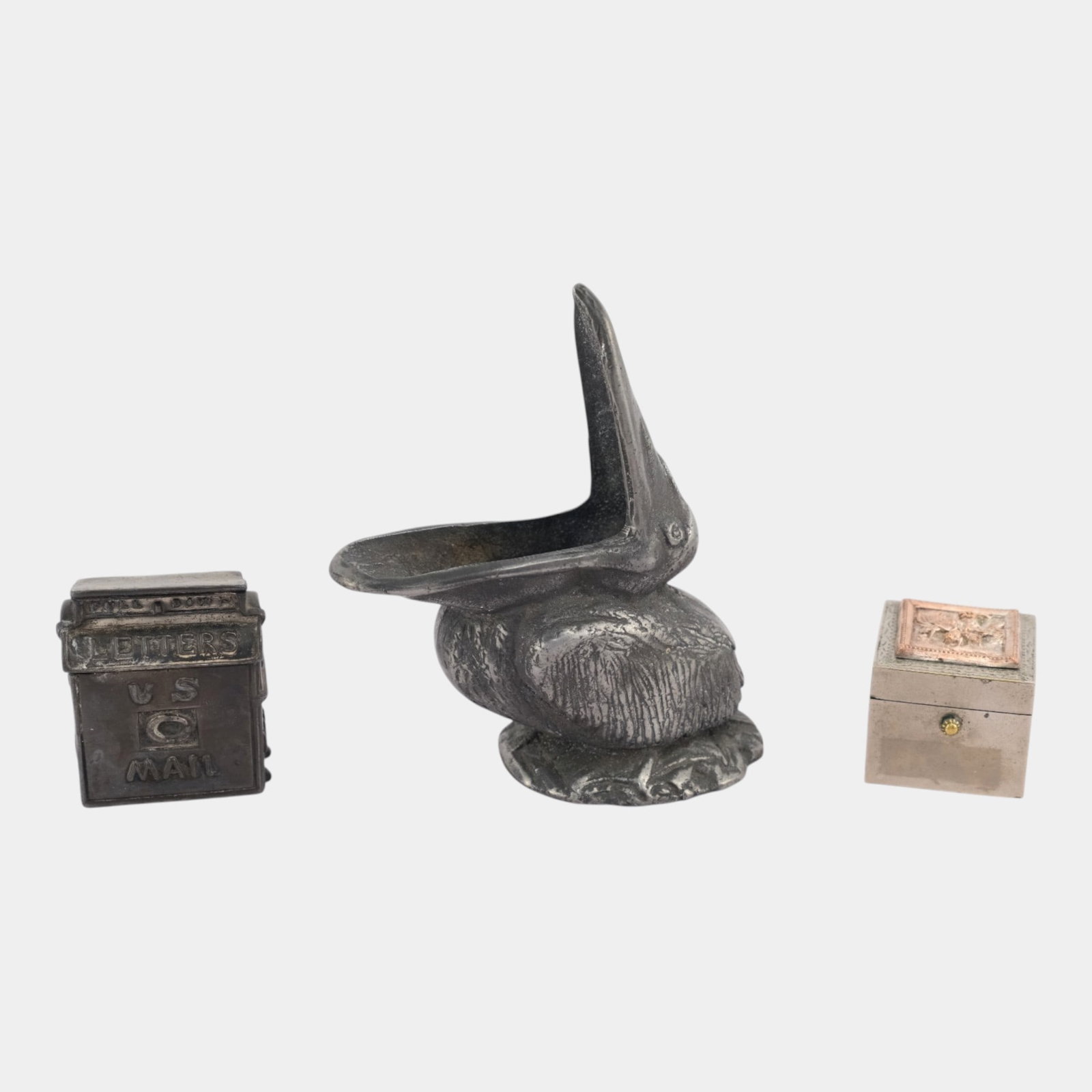 Early 20th Century Silver-Tone Metal Stamp Holders And Figural Pelican Ash Receiver (1 of 4)