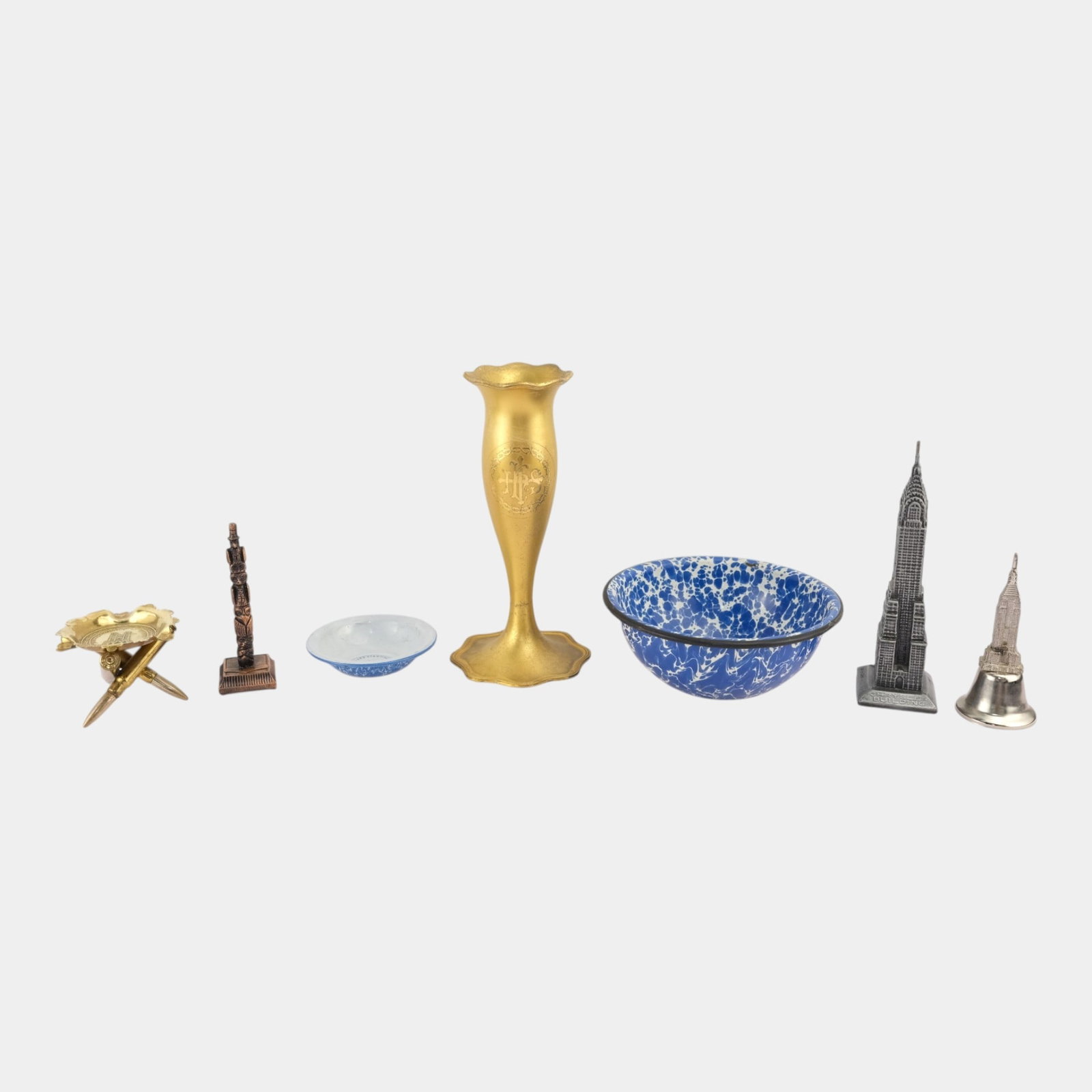 Cleveland Stamping & Tool Co. Blue Sponge Enamelware, Bronze Church Vase, & Souvenirs (1 of 6)
