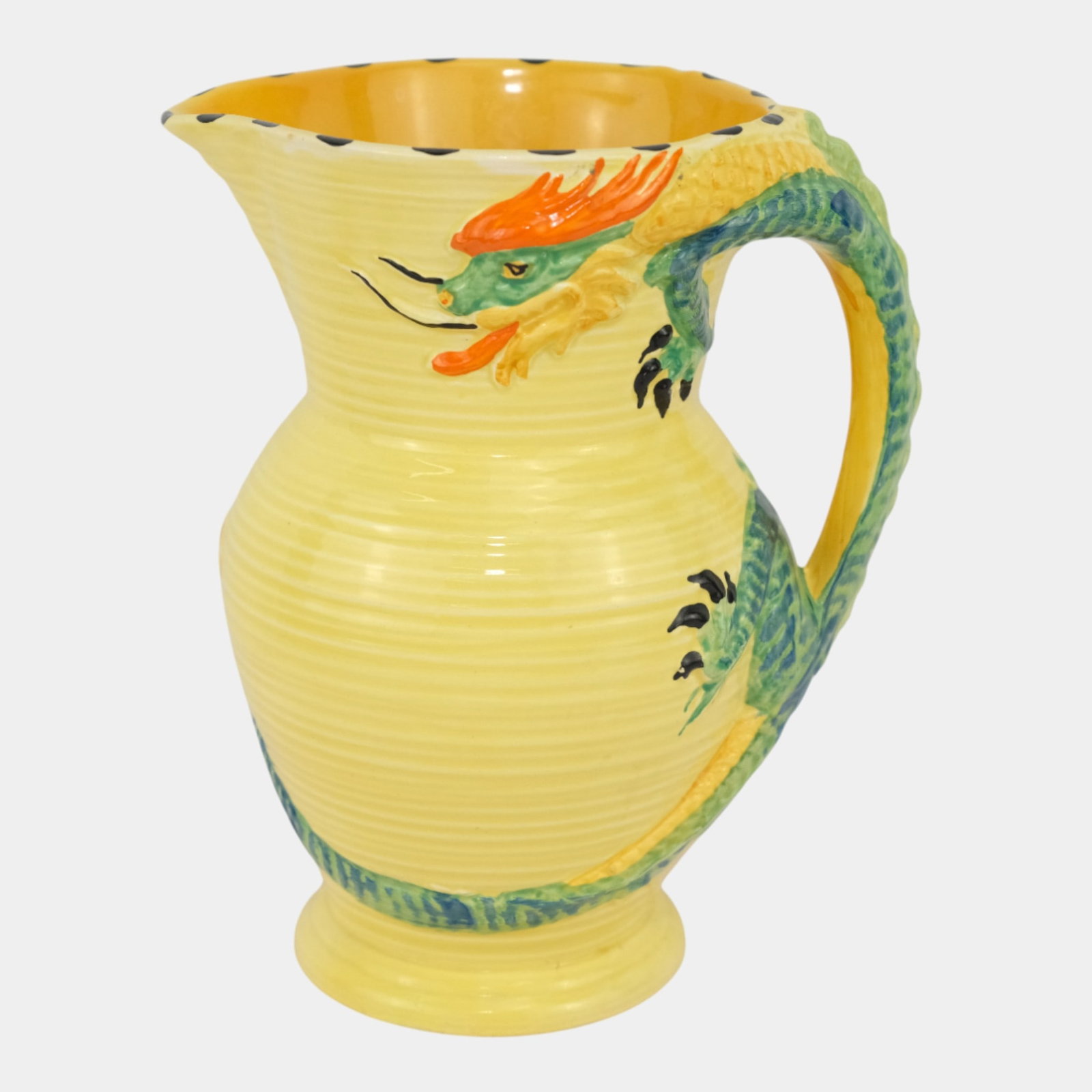 Burleigh Ware England Art Pottery Yellow Dragon Handled Art Deco Ceramic Pitcher: We offer affordable in-house shipping on all items.For higher resolution images please visit bid.craftedauctions.com Burleigh Ware England Art Pottery Yellow Dragon Handled Art Deco Ceramic Pitcher Vi