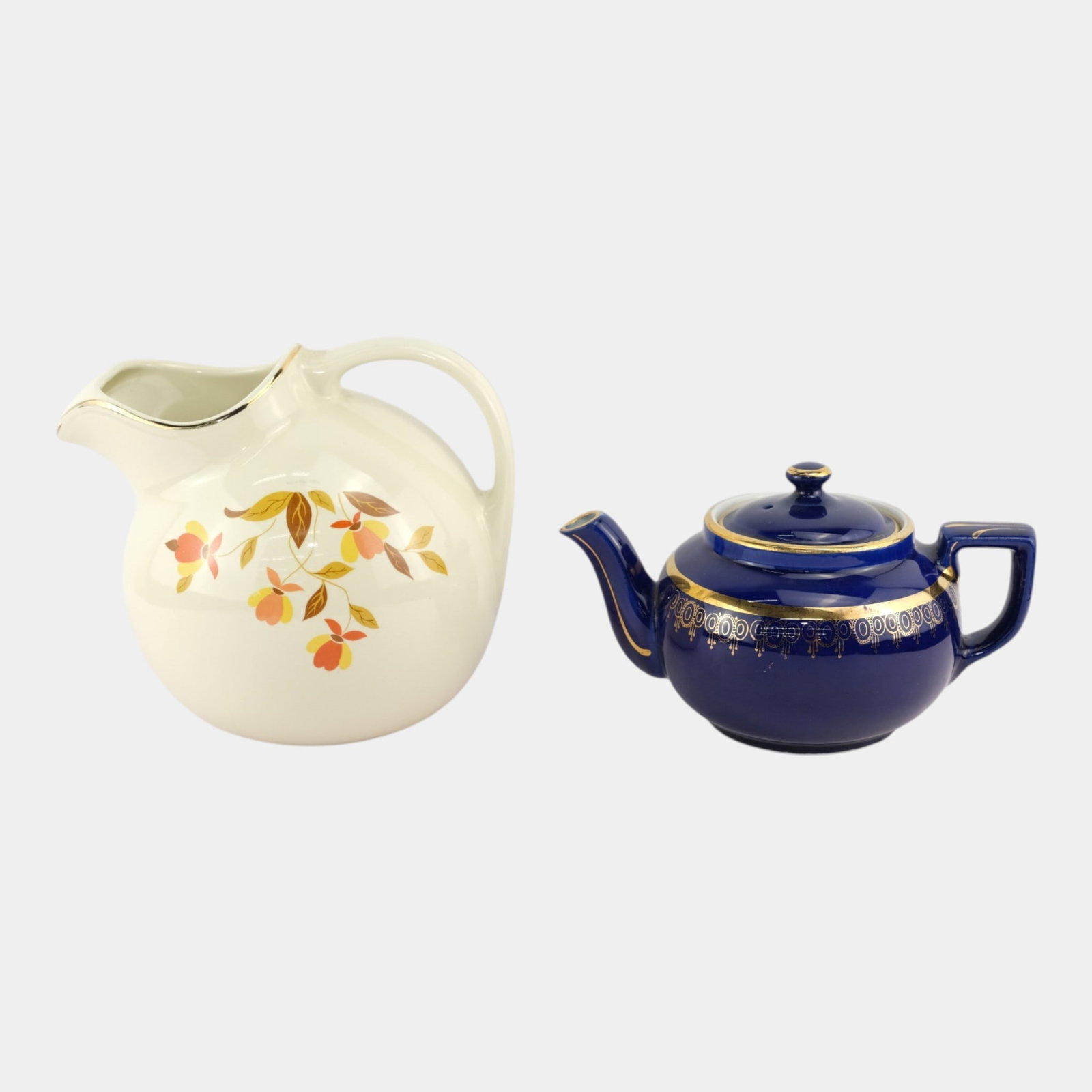 Hall China American Mid Century "Autumn Leaf" Handled Pitcher & Cobalt Blue "Boston" Teapot: We offer affordable in-house shipping on all items.For higher resolution images please visit bid.craftedauctions.com Hall China American Mid Century "Autumn Leaf" Handled Pitcher & Cobalt Blue "Boston