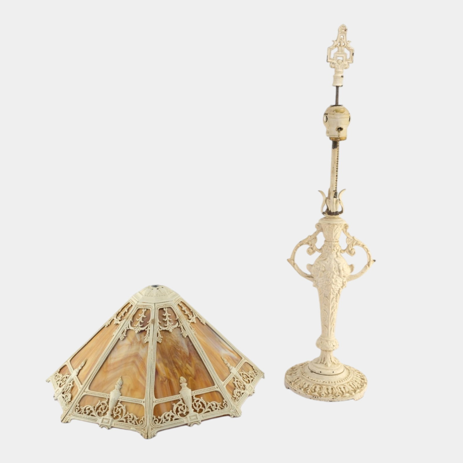 Early 20th Century White Metal Lamp Base & Shade With Brown Slag Glass Panels (1 of 9)