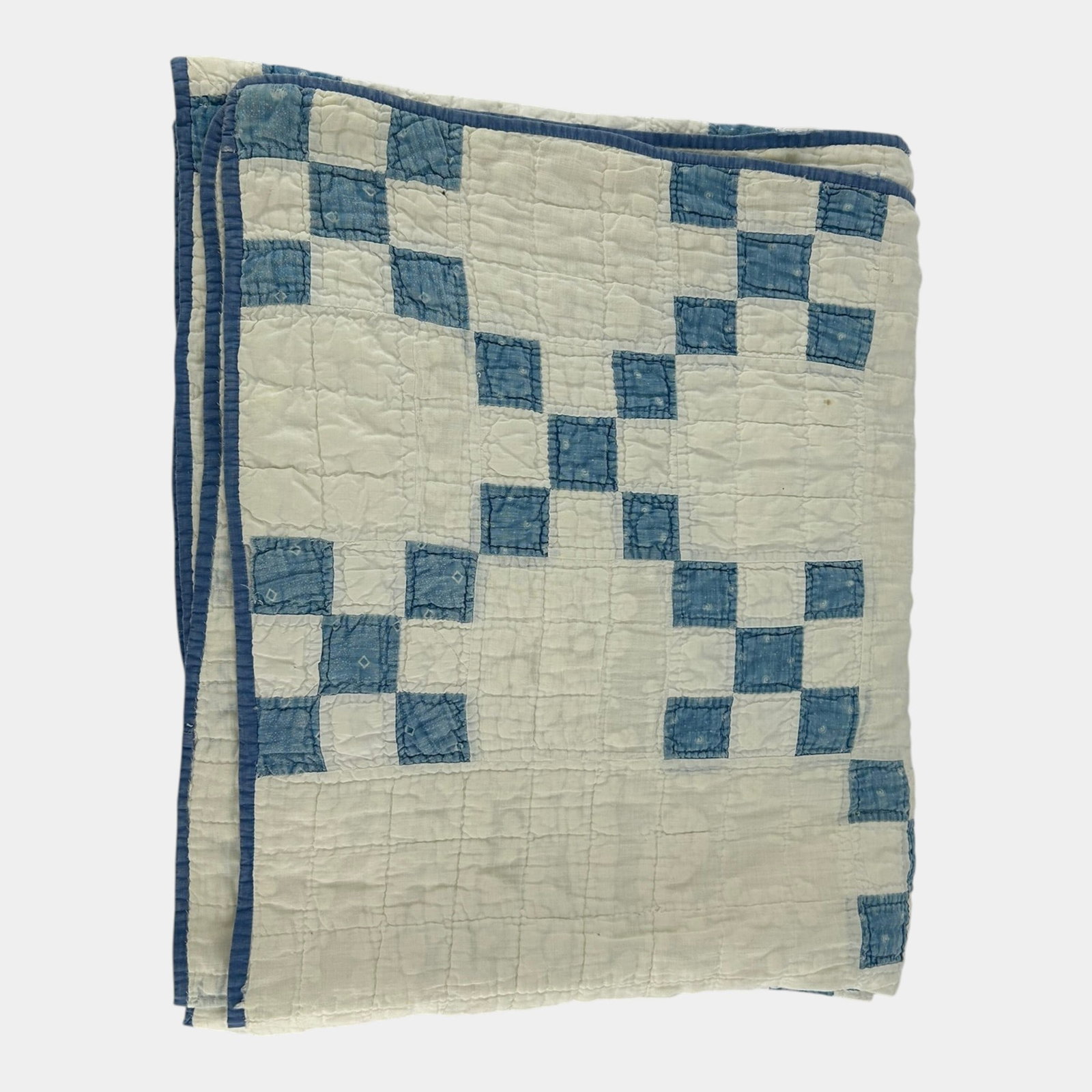 Vintage Hand Stitched Blue White Geometric Patchwork Quilt Bedspread Coverlet (1 of 5)