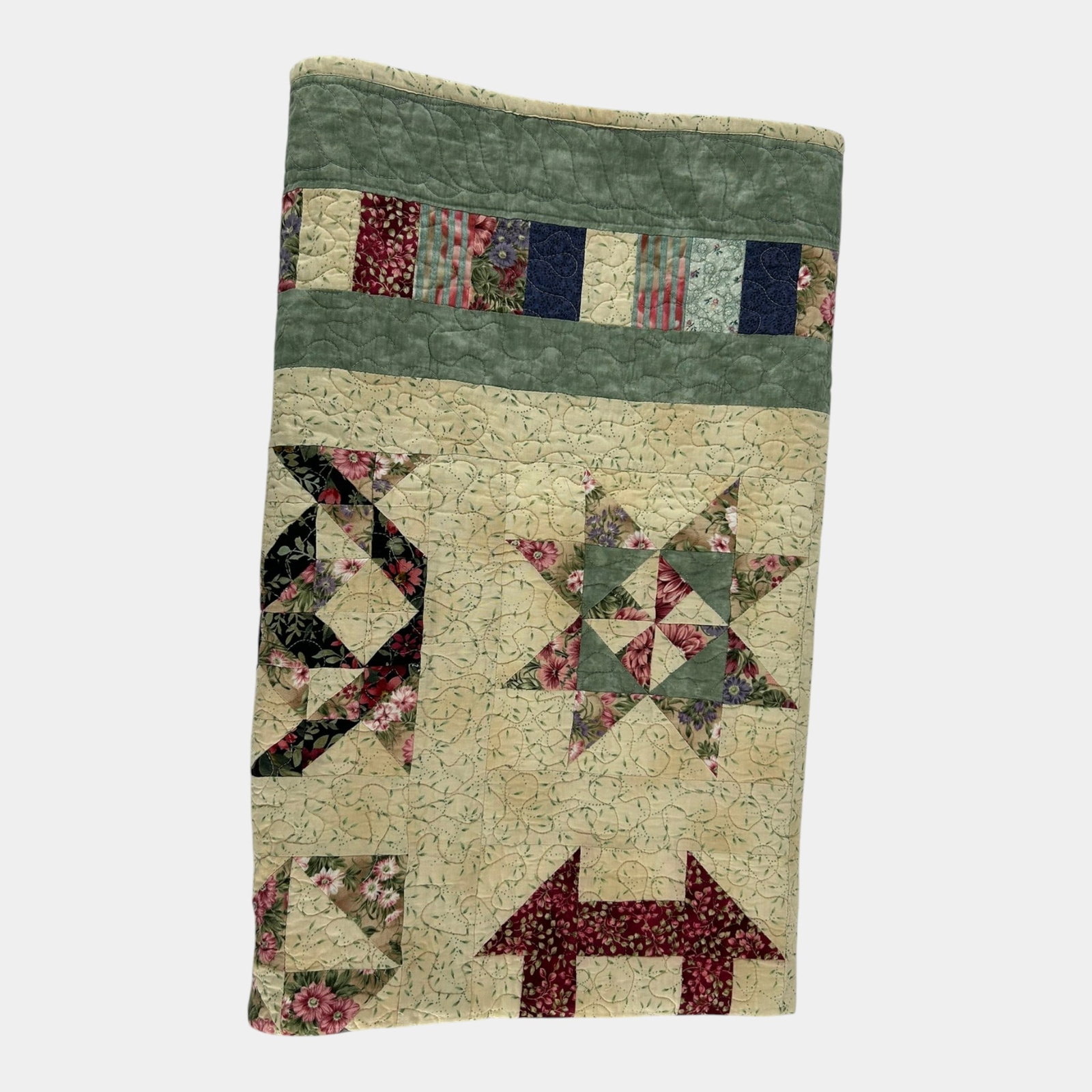Vintage Hand Stitched Floral Star Pattern Patchwork Quilt Bedspread Coverlet (1 of 5)