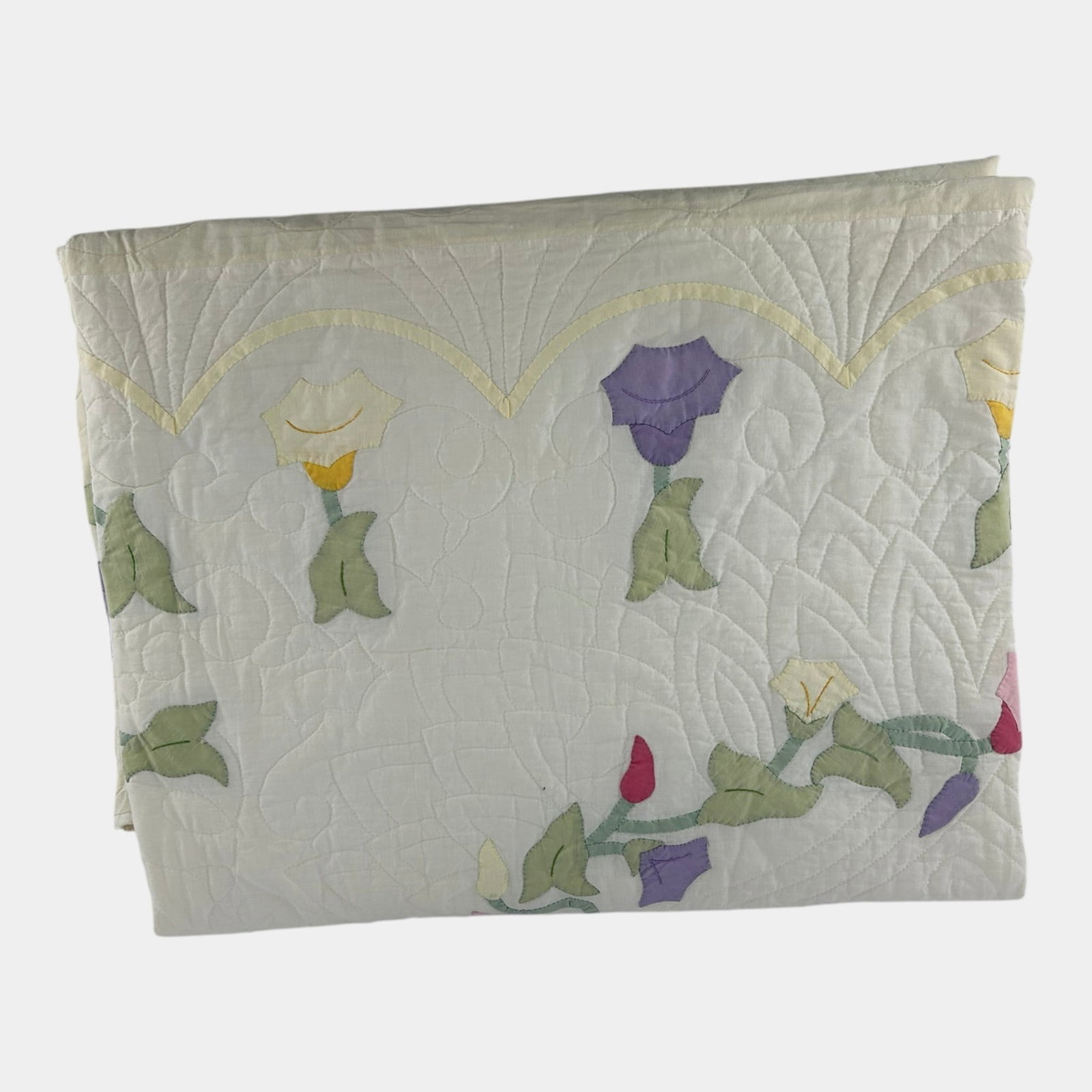 Louise Bourlet Vintage Hand Stitched Floral Applique White Patchwork Quilt Bedspread Coverlet (1 of 4)