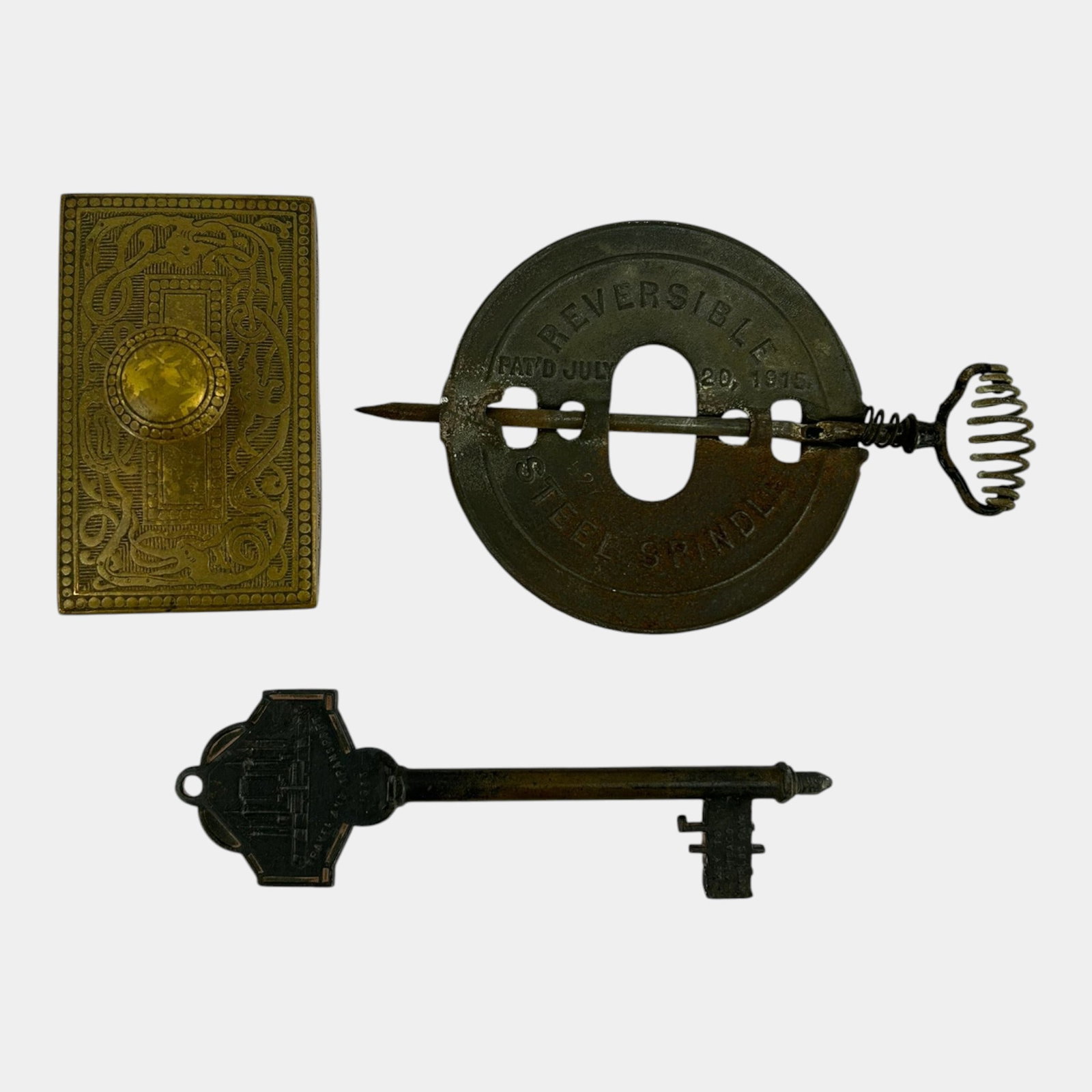 Early 1900s Cast Iron Griswold Flue Damper, Large Key, And Ornate Golden Ink Blotter (1 of 8)