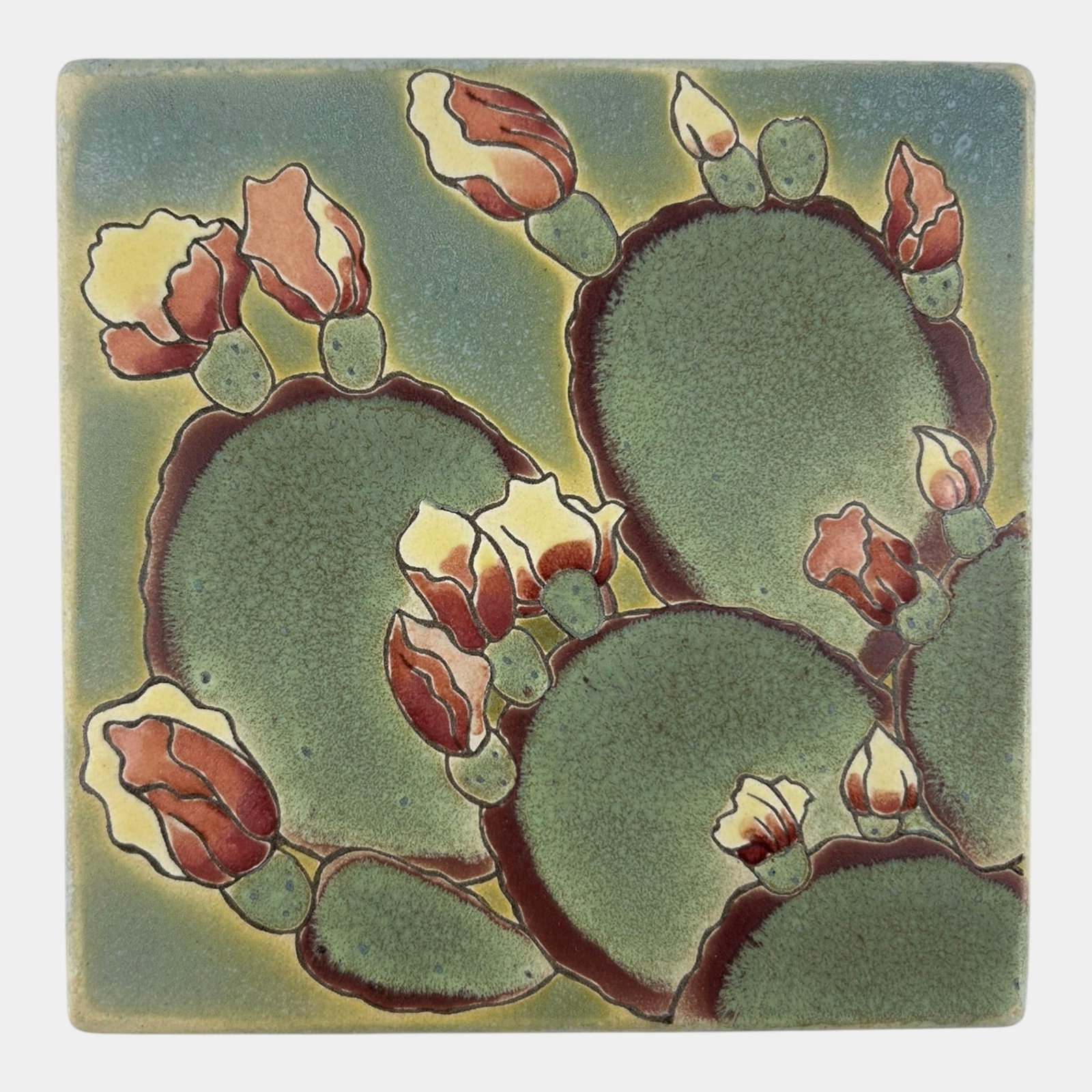 Contemporary Arts & Crafts Style Hand Decorated Cactus Floral Art Pottery Tile: We offer affordable in-house shipping on all items.For higher resolution images please visit bid.craftedauctions.com Contemporary Arts & Crafts Style Hand Decorated Cactus Floral Art Pottery Tile Exce