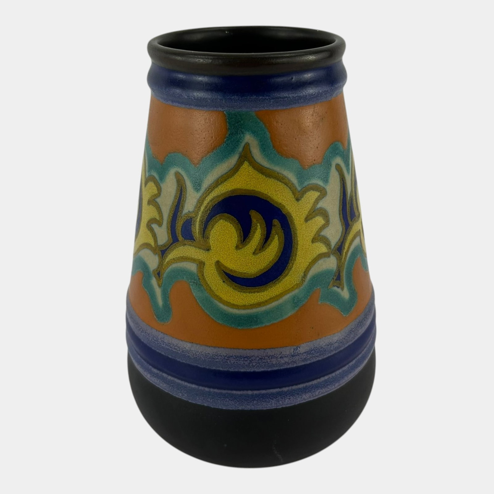 Gouda Plazuid Holland Art Deco Black Orange Floral Pattern Art Pottery Vase (1 of 6)