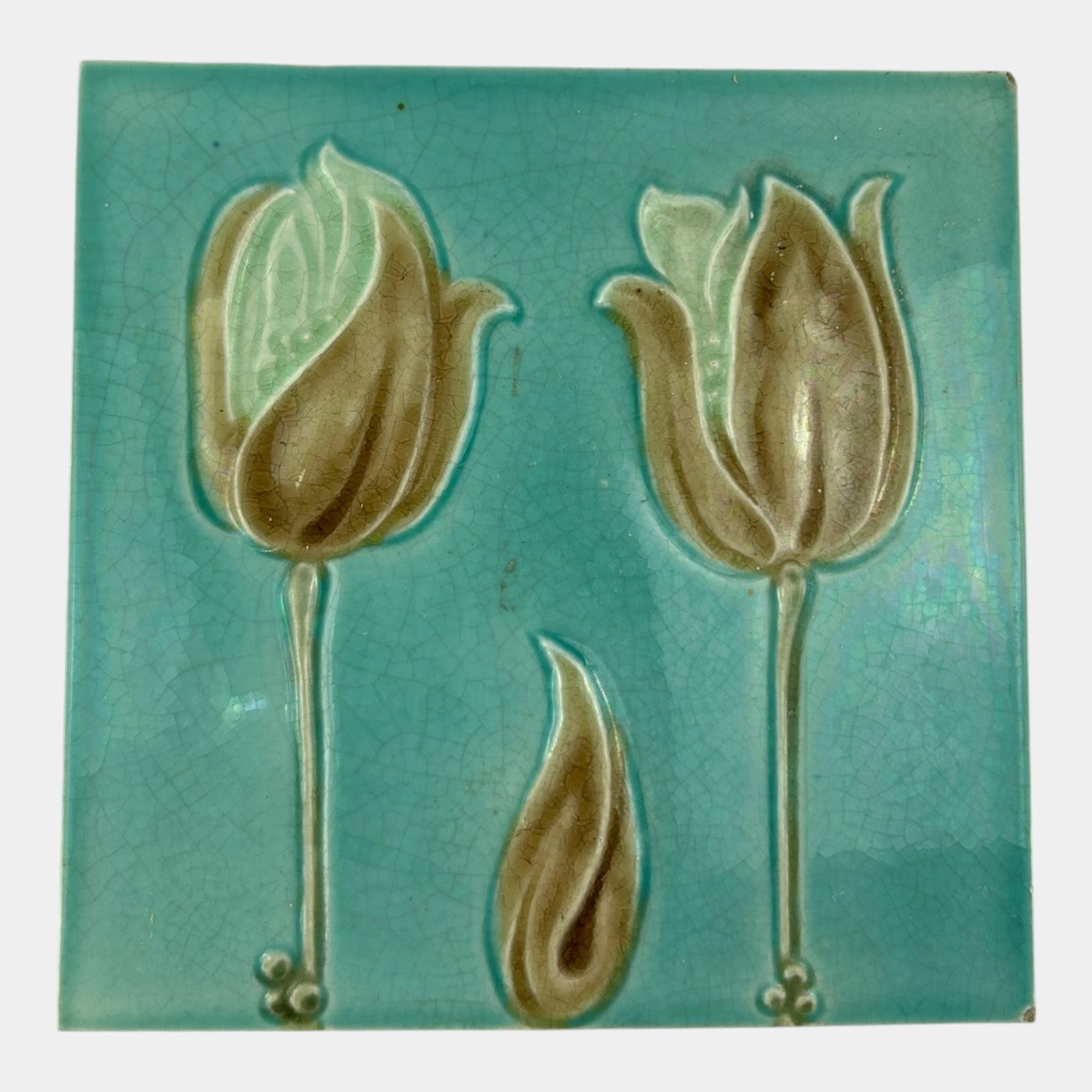 Late 19th Century English Art Pottery Art Nouveau Floral Decorated Green Majolica Tile (1 of 3)