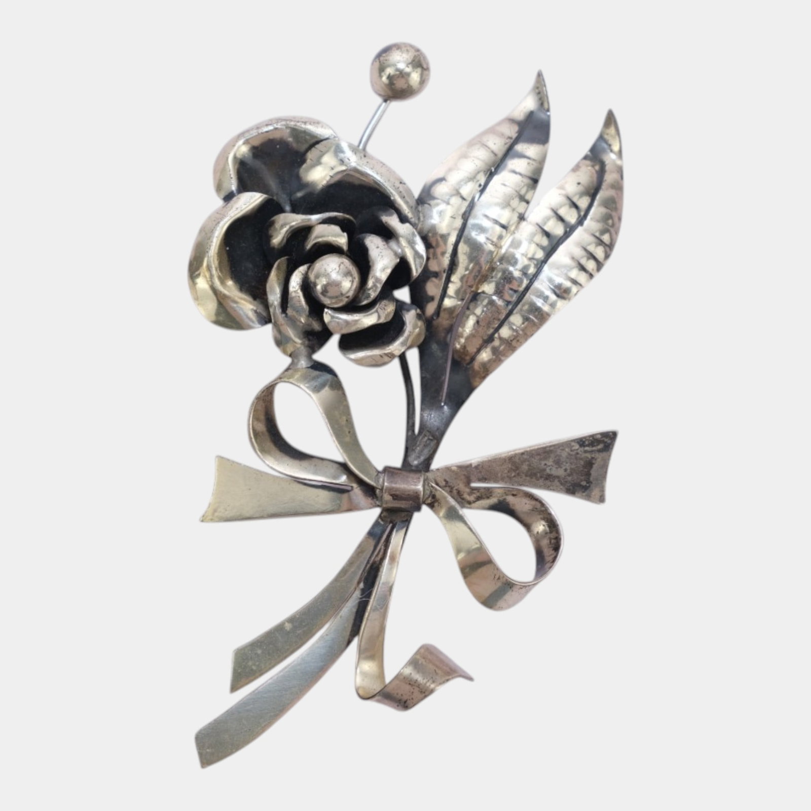 Sterling Silver Sculptural Mid Century Floral With Ribbon & Bow Design Brooch Pin (1 of 3)