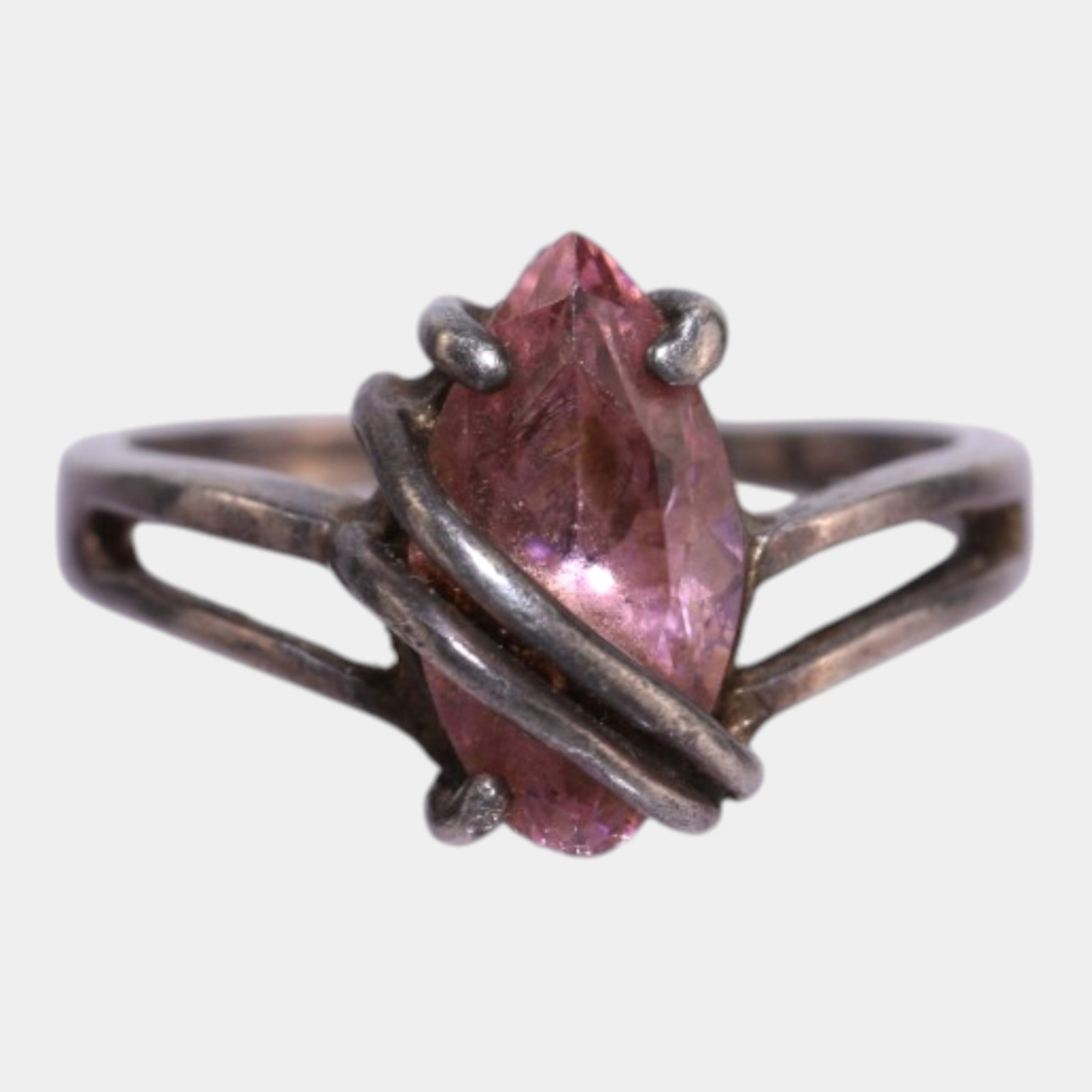 Sterling Silver Pink Marquise Prong Set Cut Stone Modernist Wrap Ring Jewelry Size 4.75: We offer affordable in-house shipping on all items.For higher resolution images please visit bid.craftedauctions.com Excellent condition. Age related wear. Marked as shown. Acid tested. Ring is size U