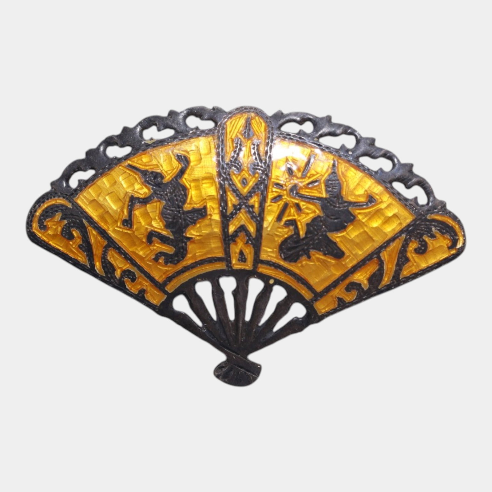 Siam Sterling Silver Black & Gold Enamel Fan Shaped Brooch Pin Jewelry: We offer affordable in-house shipping on all items.For higher resolution images please visit bid.craftedauctions.com Excellent condition. Age related wear. Marked as shown. Acid tested. Brooch is 1 1/