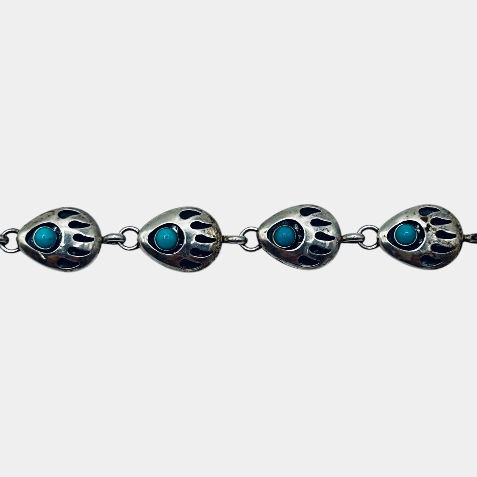 Sterling Silver 925 Southwestern Style Bear Paw Motif Necklace With Turquoise Cabochon Accents: We offer affordable in-house shipping on all items.For higher resolution images please visit bid.craftedauctions.com Excellent condition. Age related wear. Tested and guaranteed sterling silver. Item 