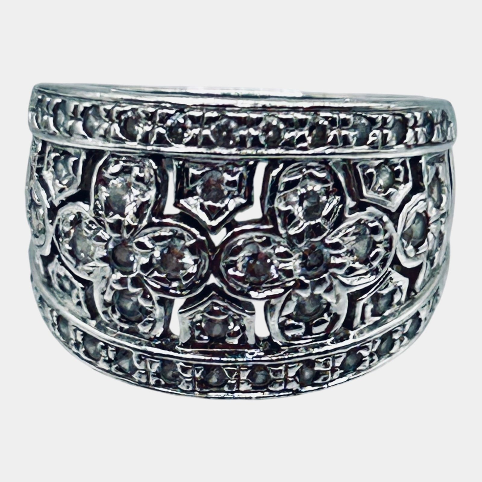 Sterling Silver Clear Stone Floral Openwork Wide Band Ring Pierced Design Statement Ring Size 7 (1 of 6)