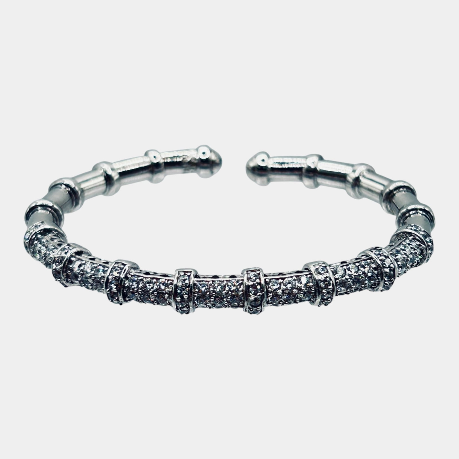 Sterling Silver Clear Stone Pave Open Cuff Bracelet Bamboo Style End Caps Bracelet: We offer affordable in-house shipping on all items.For higher resolution images please visit bid.craftedauctions.com Excellent condition. Age related wear. Tested and guaranteed sterling silver. Marke