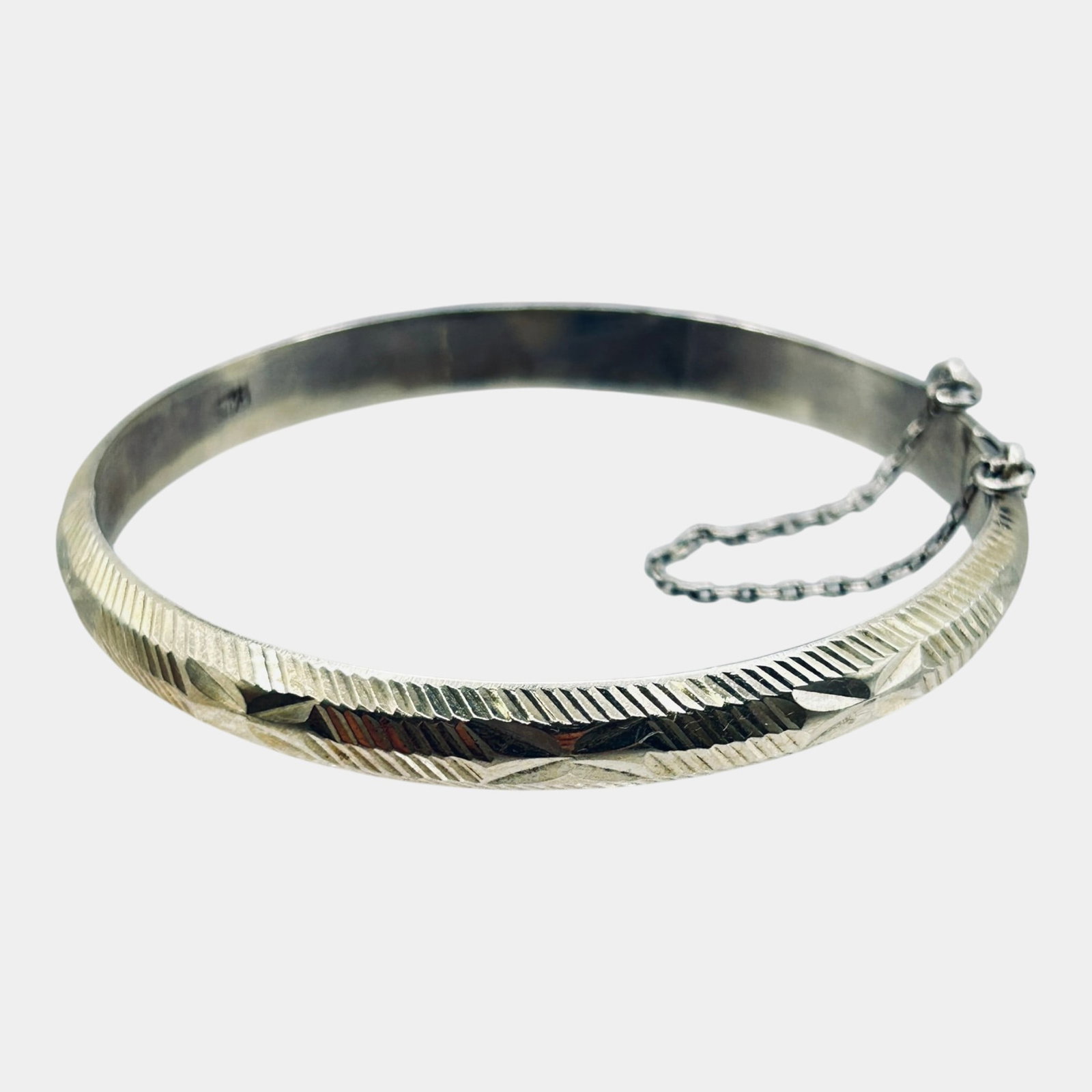 Sterling Silver 925 Diamond Cut Floral Decorated Hinged Bangle Bracelet Safety Chain (1 of 5)